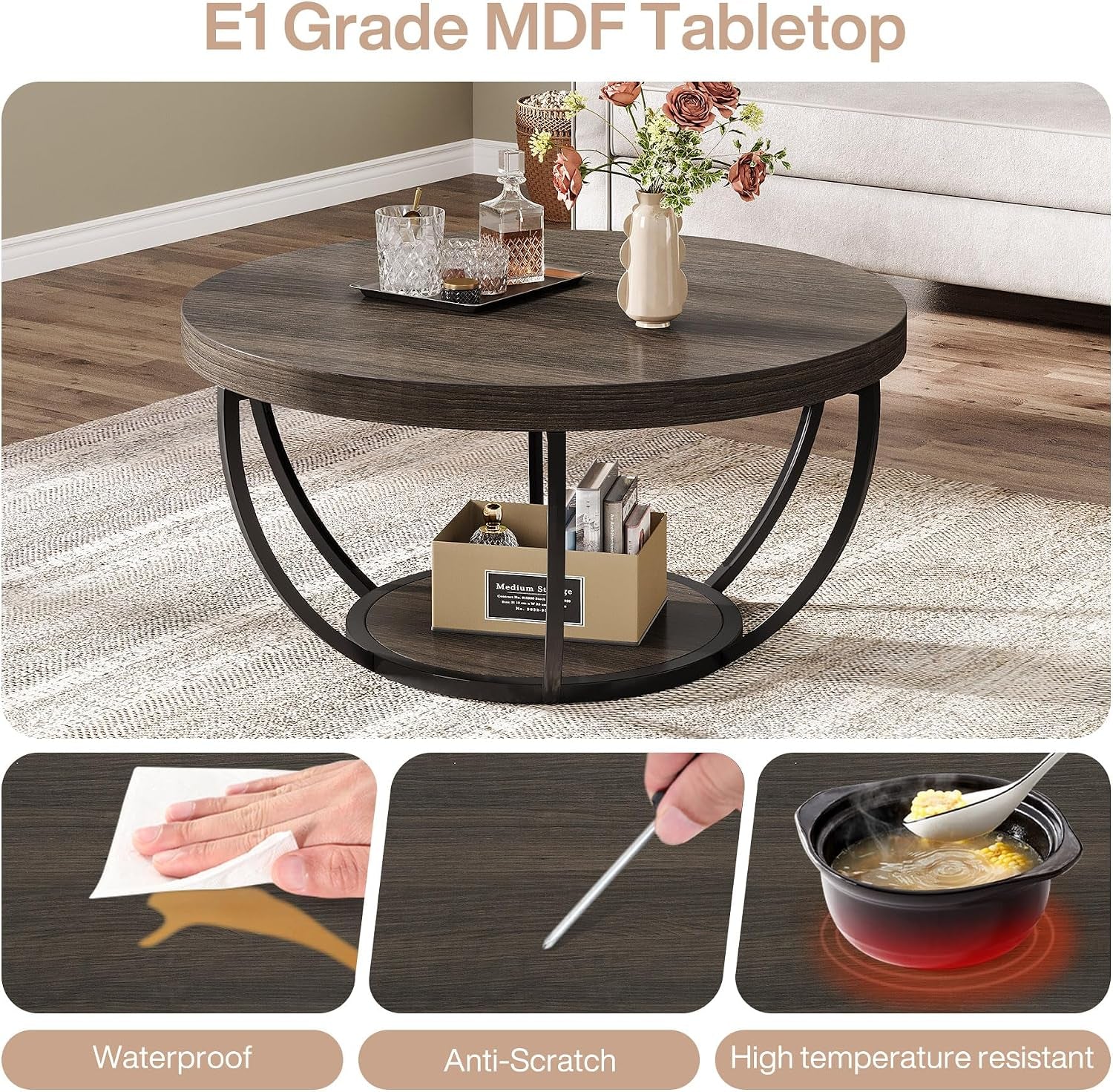 round Coffee Table, 31.7 Inches, 2-Tier Circular Wooden Side Table with Storage Shelves, Modern Living Room End Table, Grey