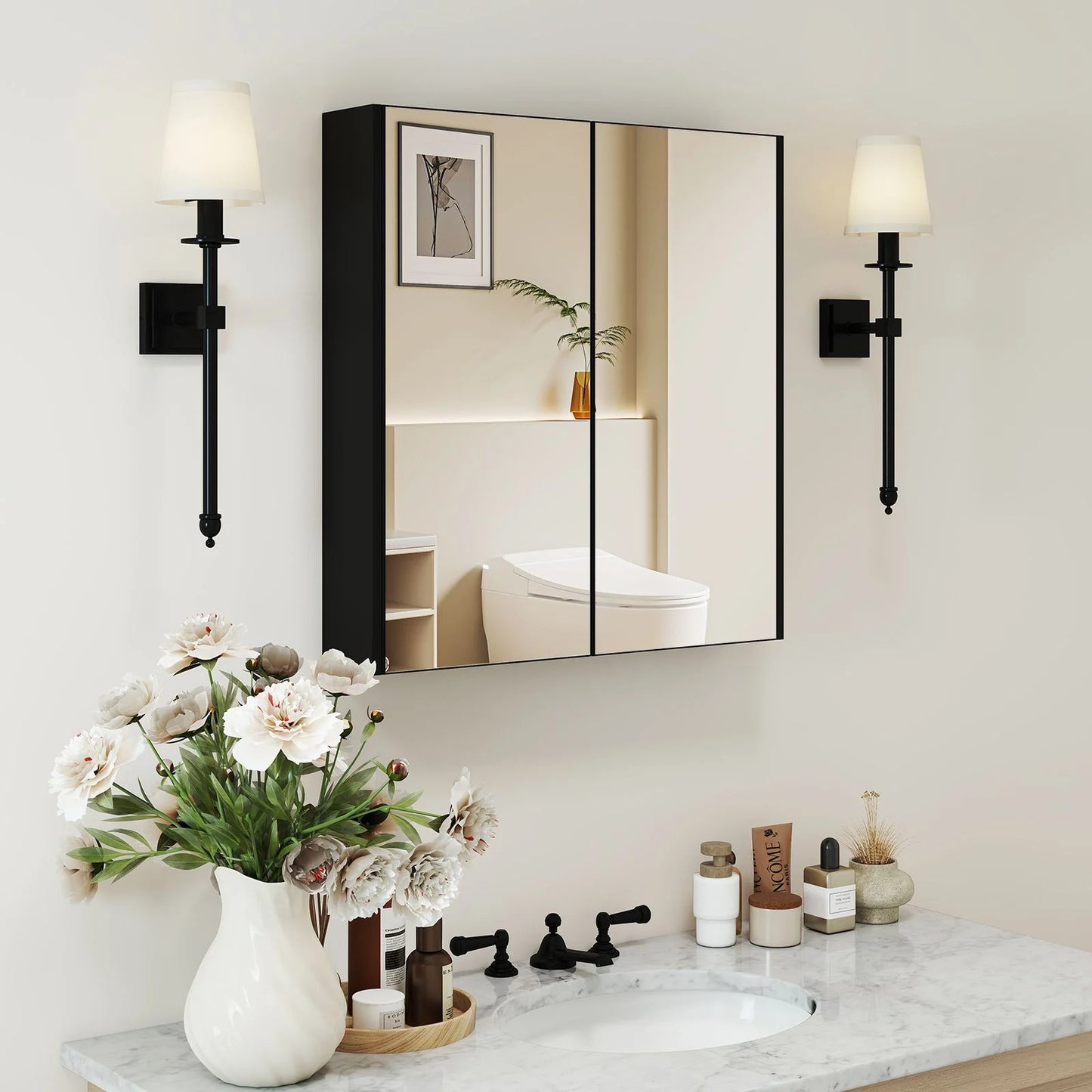 Sleek Medicine Cabinet with Double Mirrored Doors - Space-Saving Storage Solution for Your Bathroom