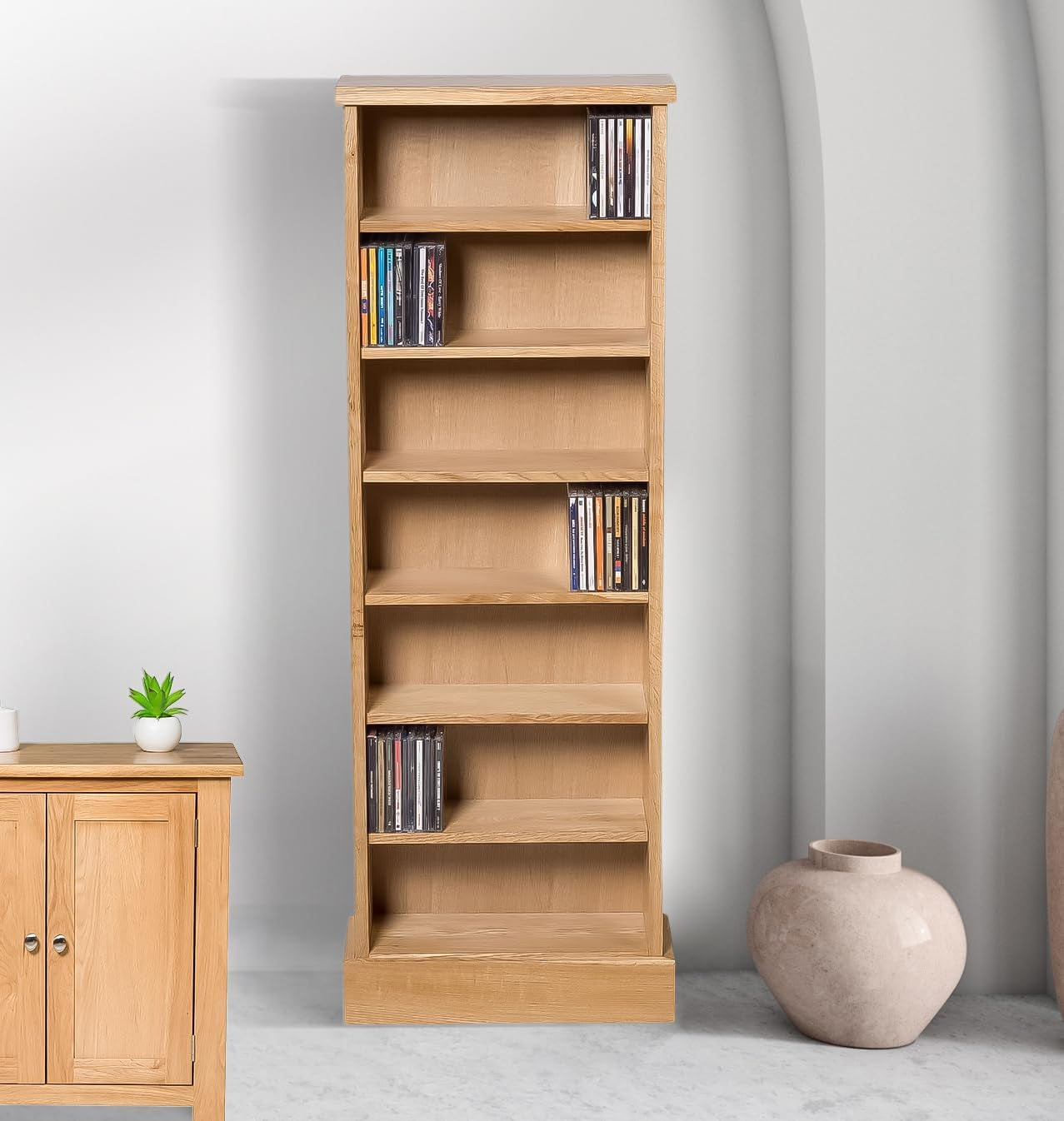 Waverly Oak Dvd Cabinet Wooden Cd Storage with 7-Tier | Solid Wooden Narrow CD Storage Tower, Media Storage Cabinet for Cds or Dvds Light Oak Furniture for Living Room or Bedroom