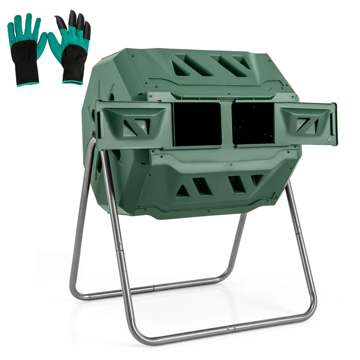 Compost Bin 160L Dual Chamber Composting Tumbler with Sliding Doors
