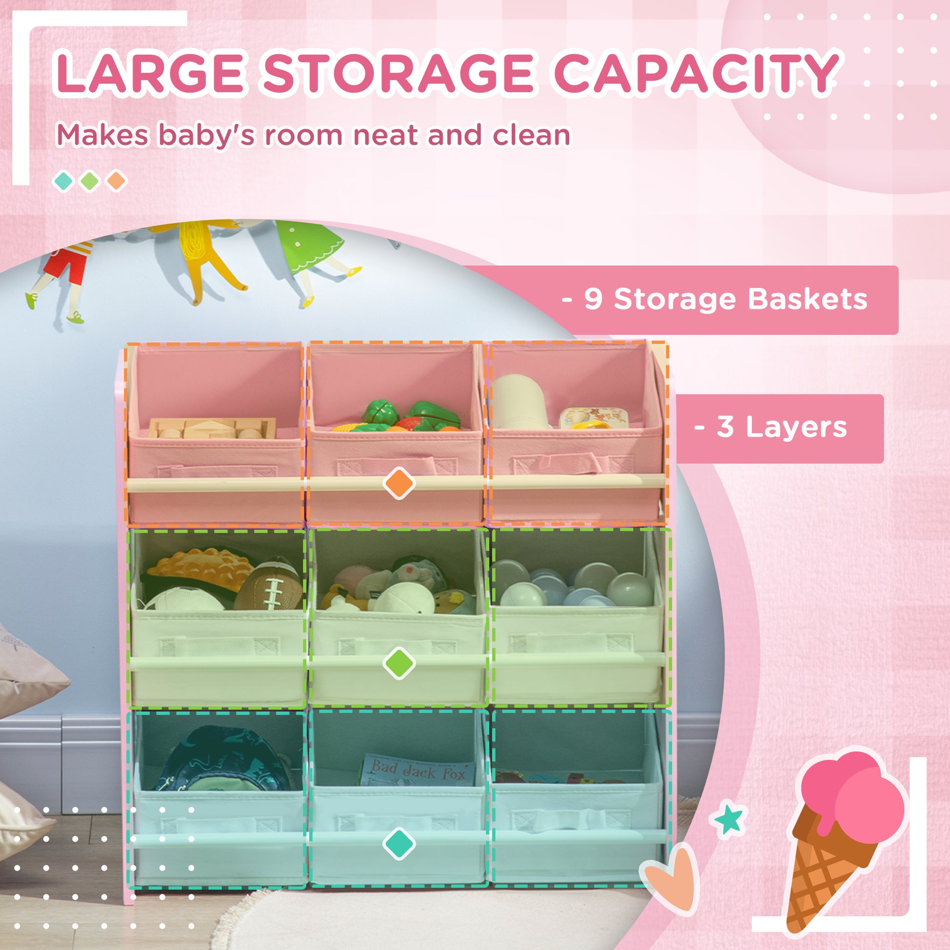 Kids Storage Unit W/ Nine Removable Baskets, for Nursery, Playroom