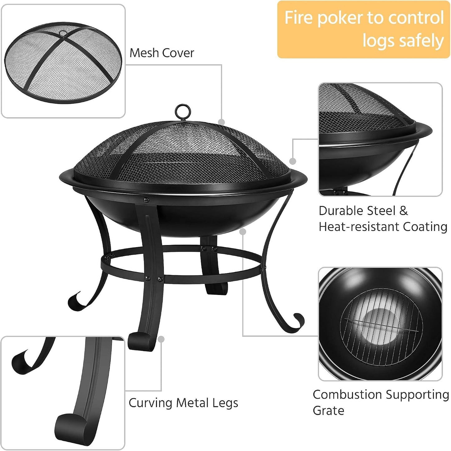 Outdoor Fire Pit for Garden, round Firepit Patio Heater for Camping Bonfire, Portable Fire Pit Steel Metal Bowl Wood Burning Firepits for Garden/Backyard