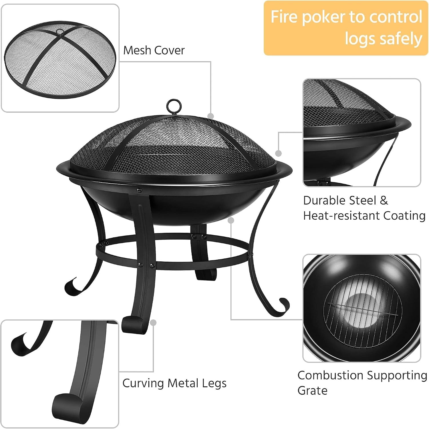 Outdoor Fire Pit for Garden, round Firepit Patio Heater for Camping Bonfire, Portable Fire Pit Steel Metal Bowl Wood Burning Firepits for Garden/Backyard