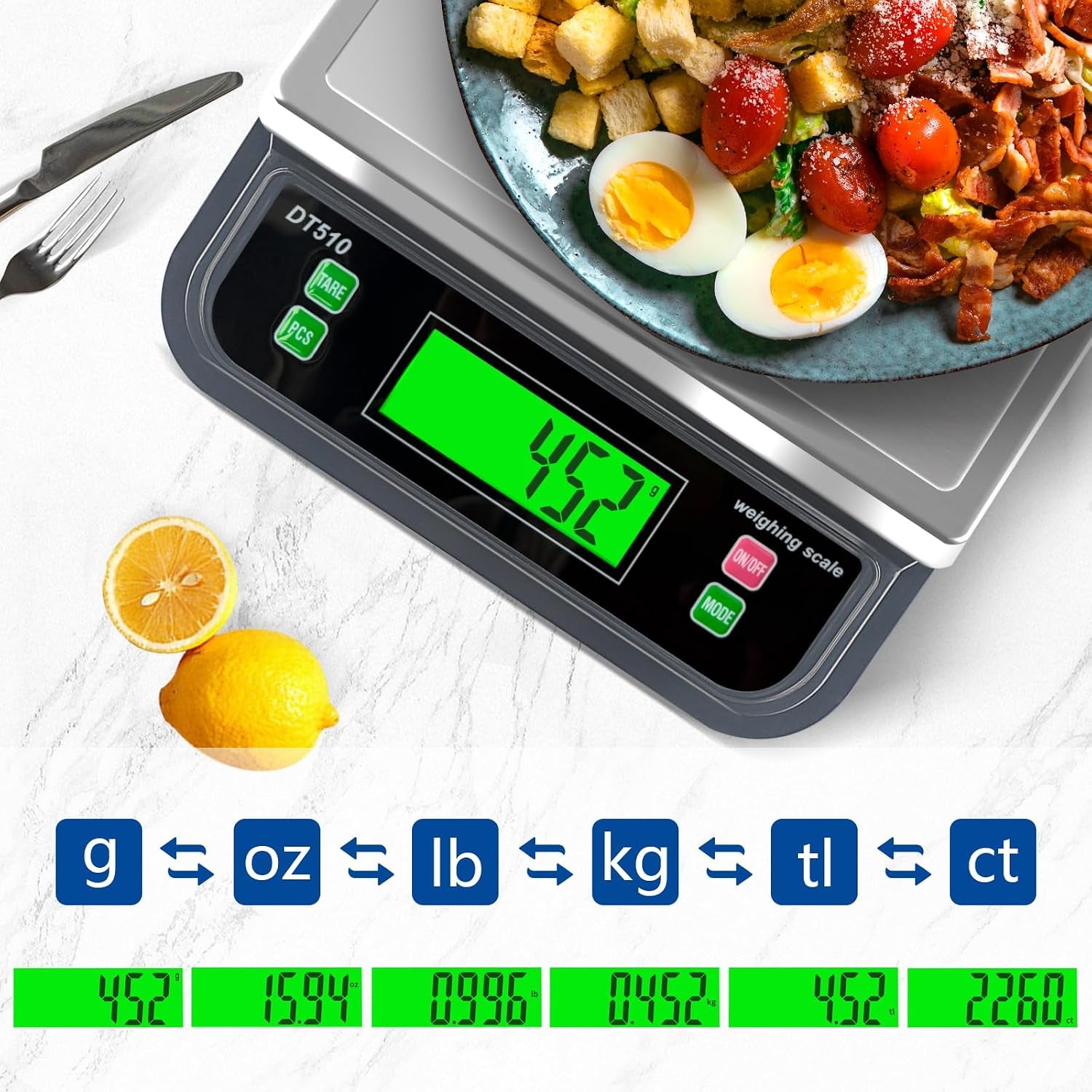 Kitchen Weighing Scales 40Kg 88Lb Stainless Steel with Tare 6 Units | Baking Scales, with LCD Display and PCS Features for Baking Bread Cooking Food Scales Digital Commercial Scale