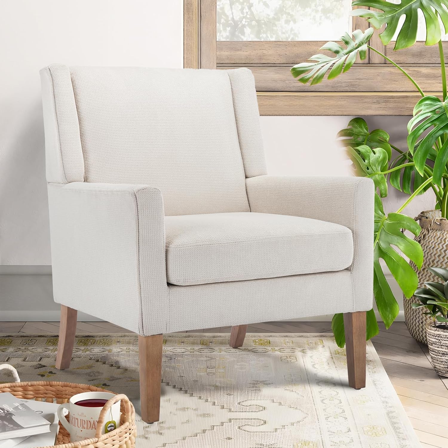 Modern Wingback Living Room Chair, Upholstered Fabric Accent Armchair, Single Sofa Chair with Lounge Seat and Wood Legs for Office/Bedroom/Reading Spaces, Beige