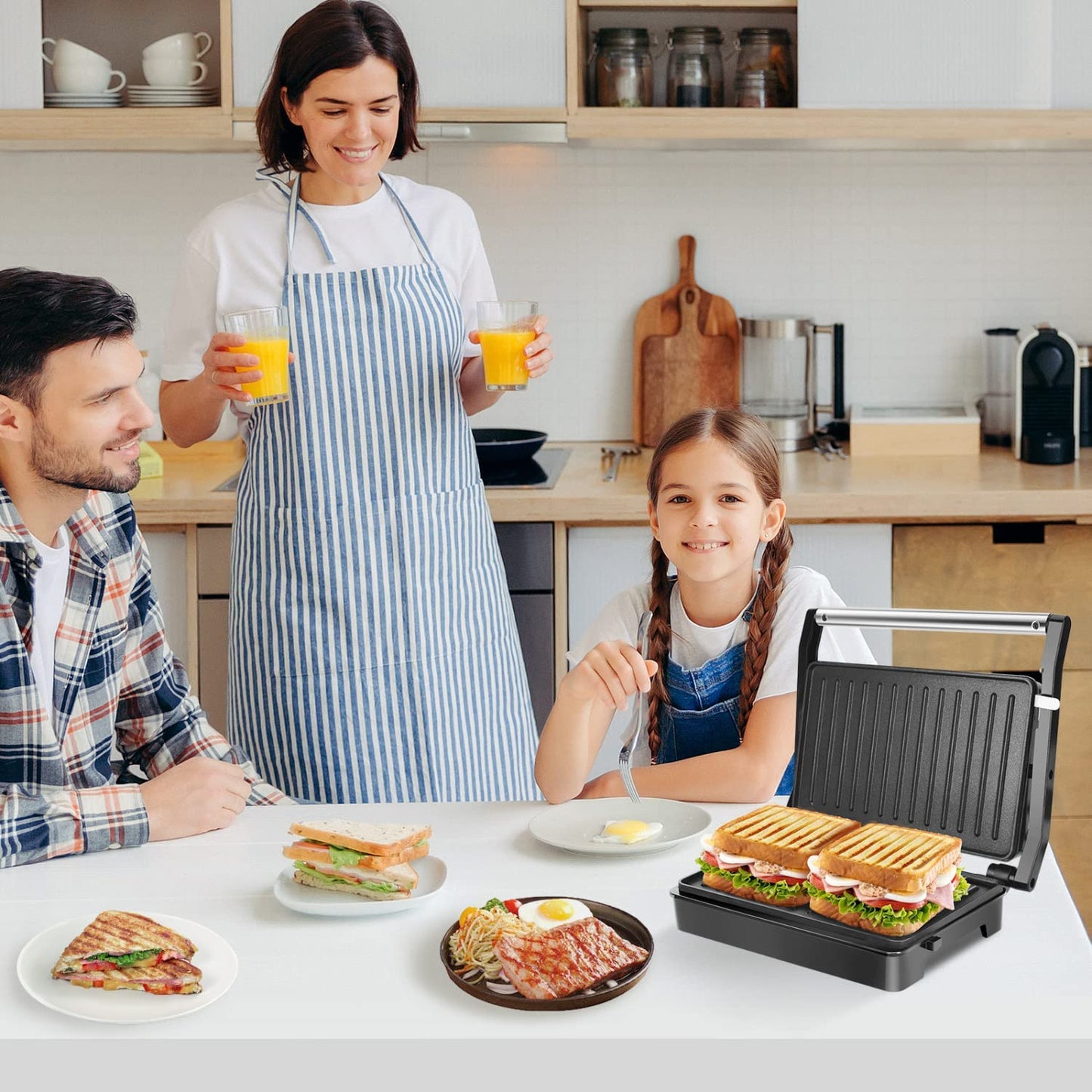 Sandwich Toaster Panini Press, 1000W Deep Fill Toastie Maker, Non-Stick-Coated Aluminium Plates, Indicator Light, Stainless Steel, Black-Larissa