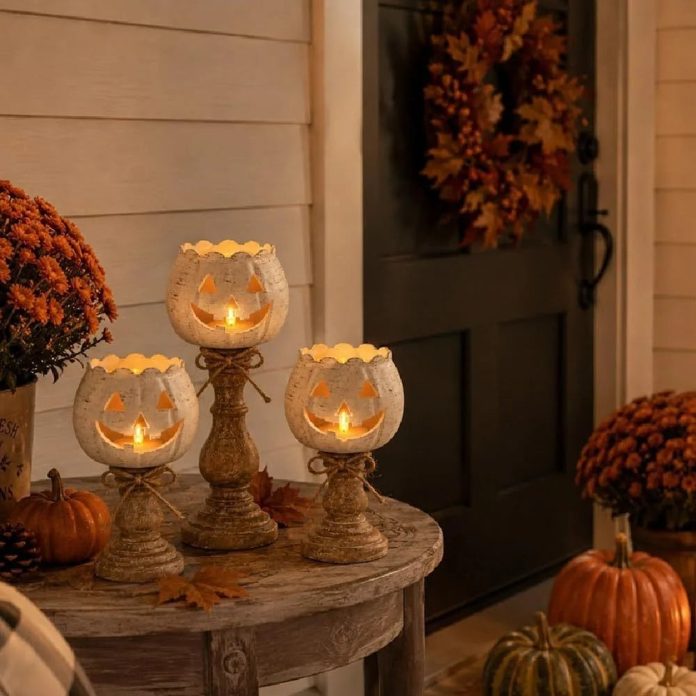 Halloween Pumpkin Candle Holder, Rustic Jack O Lantern Candlestick Tabletop Decor for Fall Harvest Party