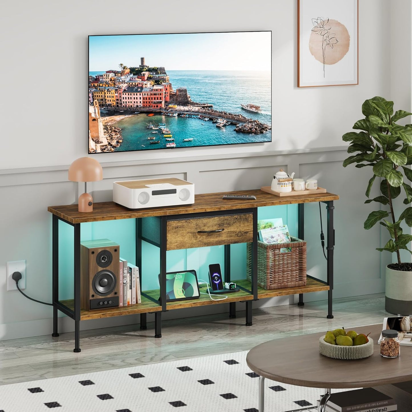 LED TV Stand Unit for 55 50 Inch TV with Socket and USB Slots, TV Cabinet with Fabric Drawer and Open Shelves, 120 Cm TV Stand, Entertainment Center for Living Room Bedroom, Rustic Brown