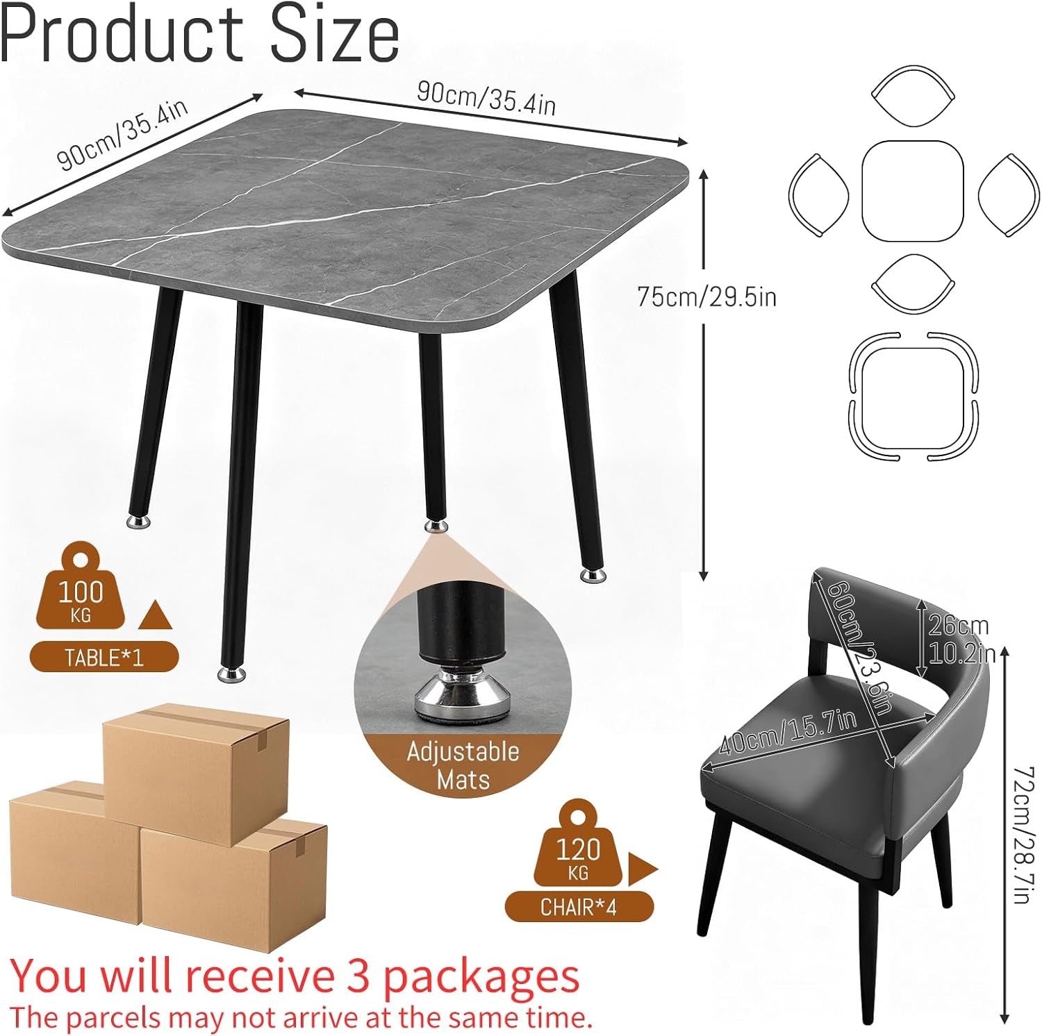 Square Dining Table and Chairs Set for 4, Rock Slab Kitchen Table with 4 PU Leather Chairs, 5 Pieces Dining Room Set for Small Space Apartment Reception, Space Saving, Square Gery