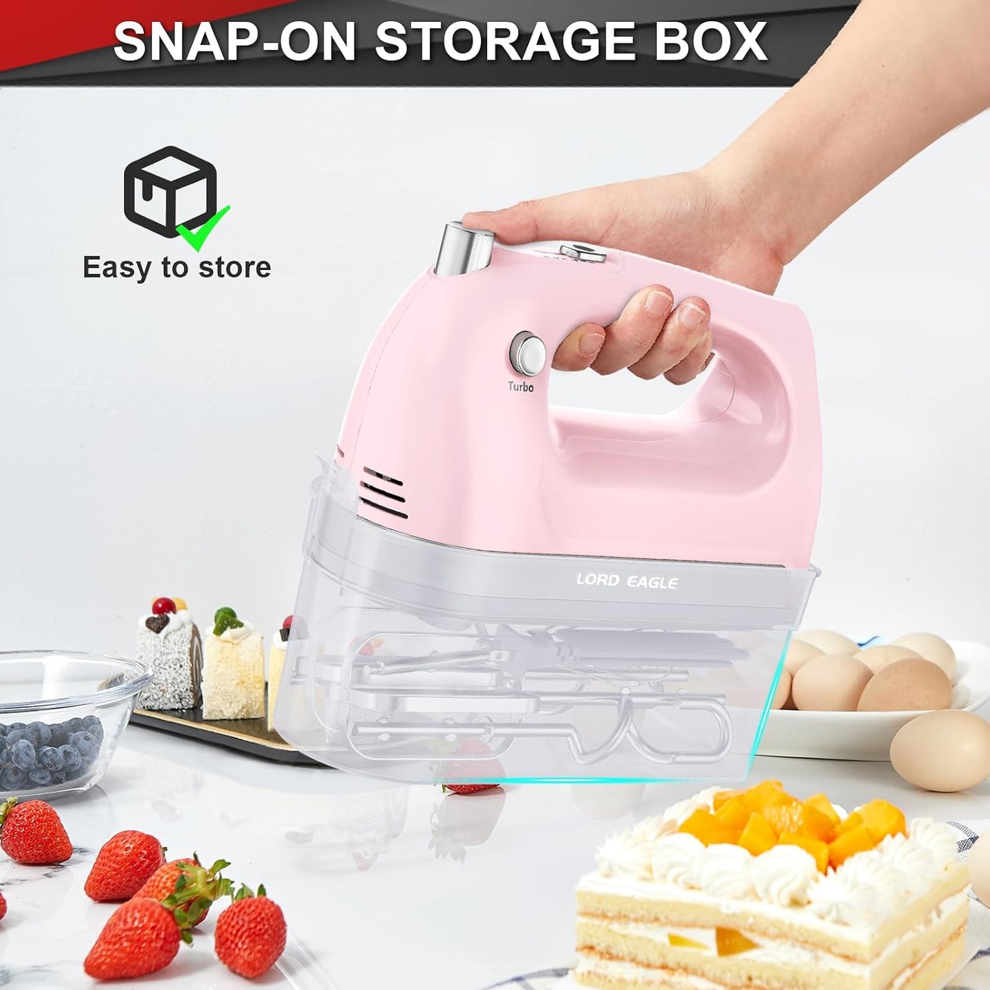 Hand Mixer Electric Whisk, 400W Power Handheld Mixer for Baking Cake Egg Cream Food Beater, Turbo Boost/Self-Control Speed + 5 Speed + Eject Button + 5 Accessories, Pink | Handheld Mixer for Egg Cream Food Beater, Turbo Boost/Self-Control Speed + Eject Button + 5 Accessories, Pink