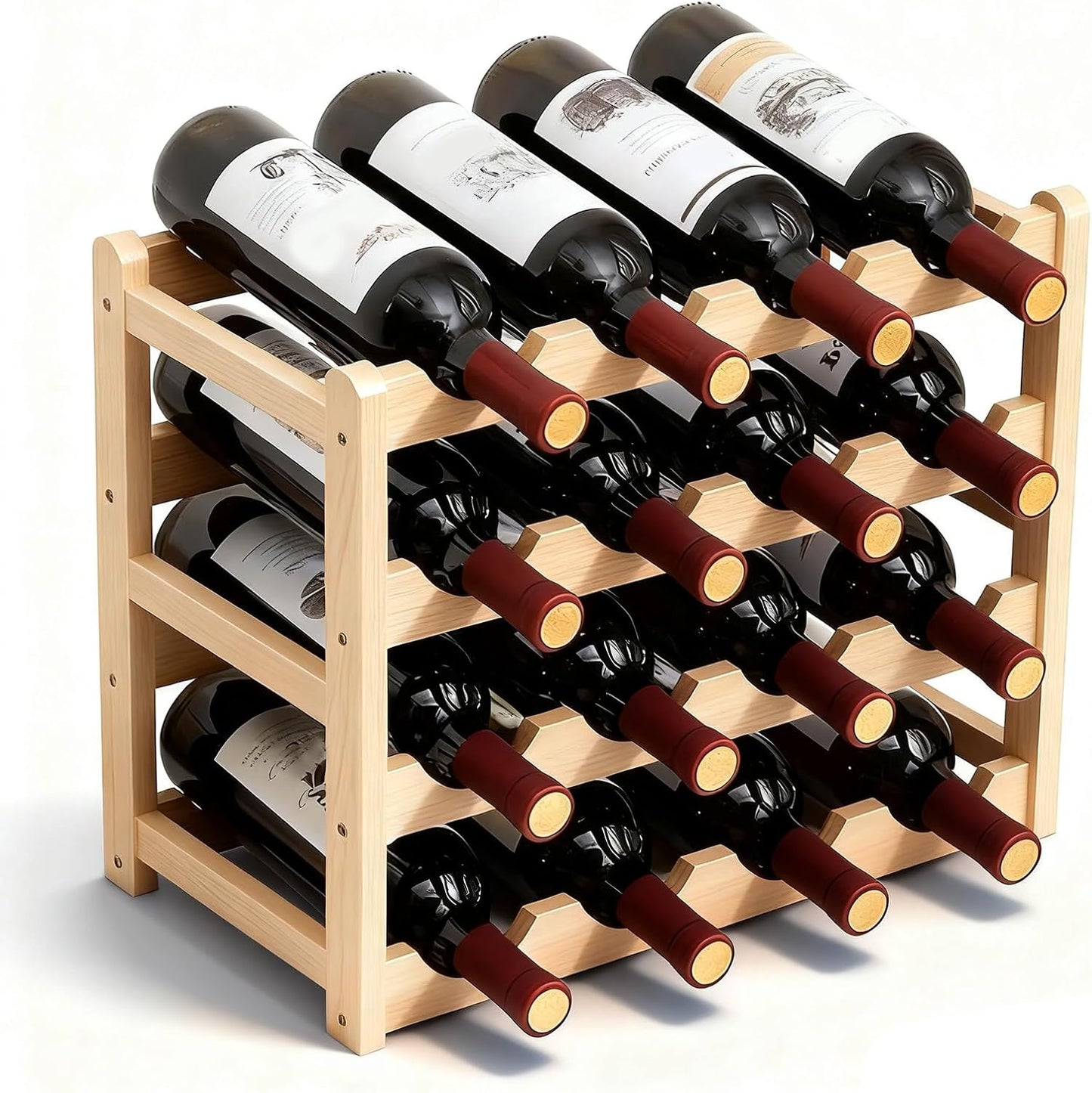 16 Bottles Wooden Wine Rack, 4 Tier Stackable Wine Storage Racks Free Standing Bottle Rack for Cupboard Home Kitchen Pantry Wine Cellar