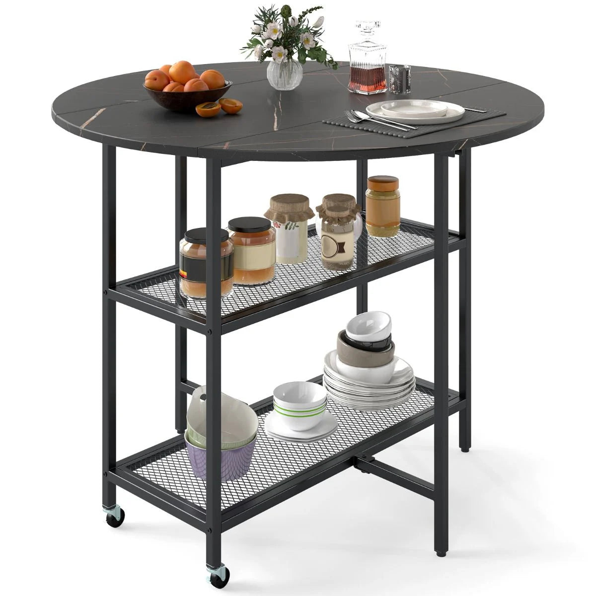 Round Kitchen Table Modern Dining Table with Drop Leaf Tabletop