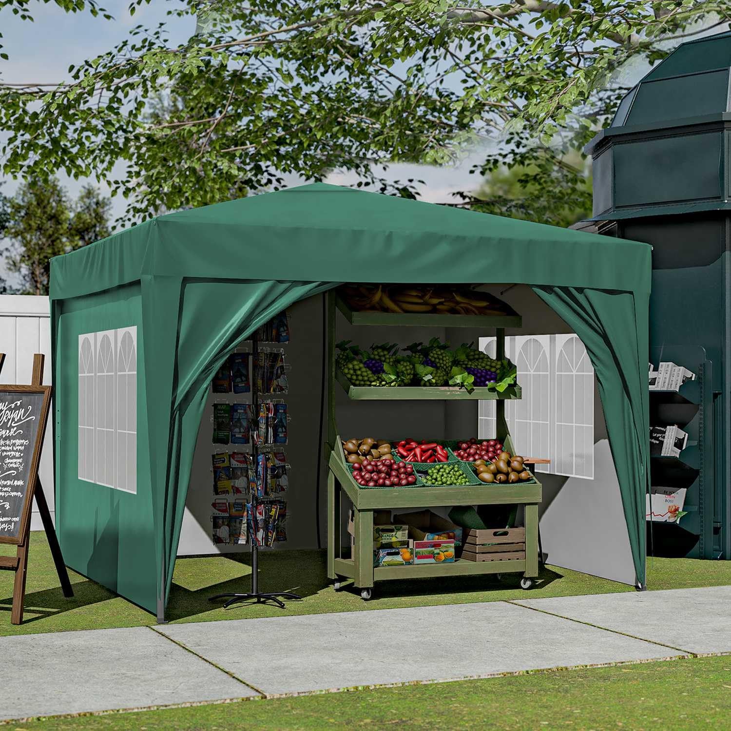 Pop up Gazebo with Sides, 3M X 3M Waterproof with 2 Free Weather Support Beams 4 Gazebo Weight Bags. Garden Canopy Outdoor, Party Tent, 260G Polyester Powder Coated Steel Frame. GREEN