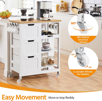 Kitchen Storage Trolley on Wheels, Rolling Kitchen Island Cart with 3 Drawers and 3 Shelves, Mobile Storage Sevring Trolley Cart for Dining Room, Bathroom, Laundry, Living Room, White