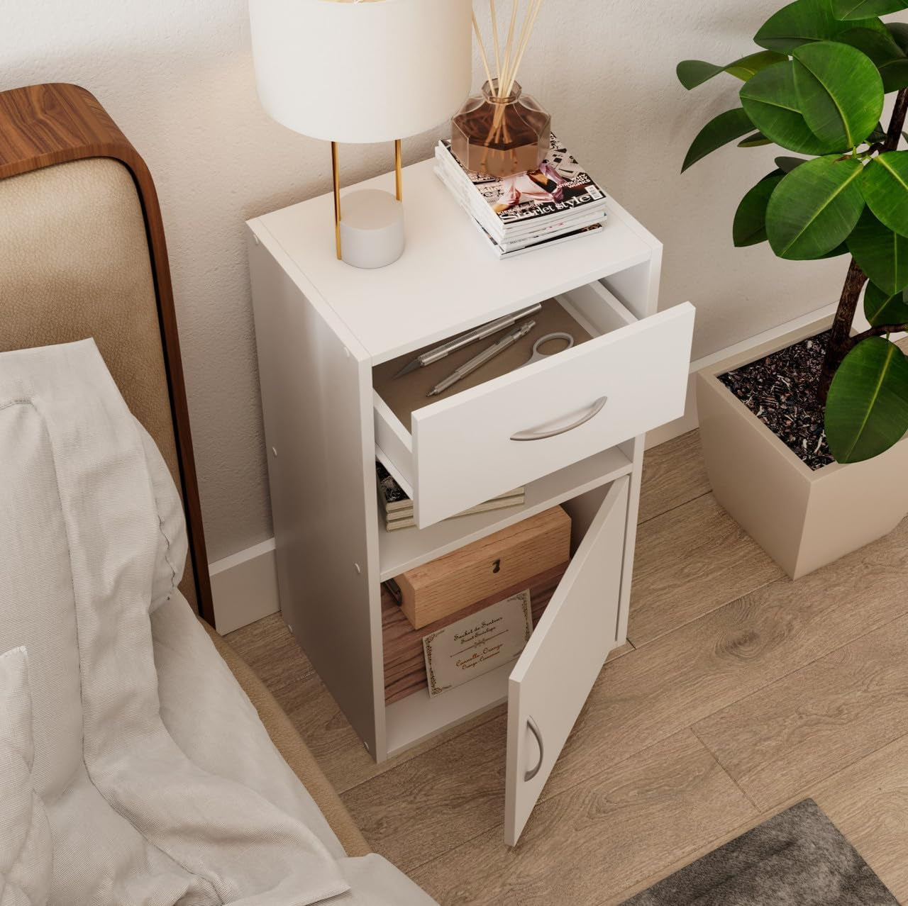 1 Door 1 Drawer Wooden Bedroom Bedside Cabinet Shelf Nightstand Side Table Unit (White)