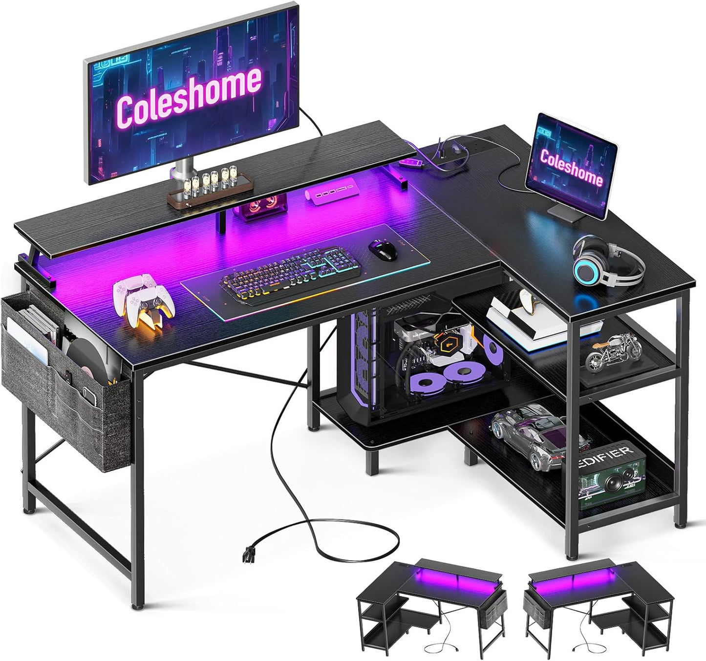 L Shaped Gaming Desk with LED Lights, 120 × 80 Cm Computer Desk with Power Outlet, Reversible Corner Gaming Table with Storage Shelves & Monitor Stand, Black