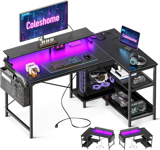 L Shaped Gaming Desk with LED Lights, 120 × 80 Cm Computer Desk with Power Outlet, Reversible Corner Gaming Table with Storage Shelves & Monitor Stand, Black