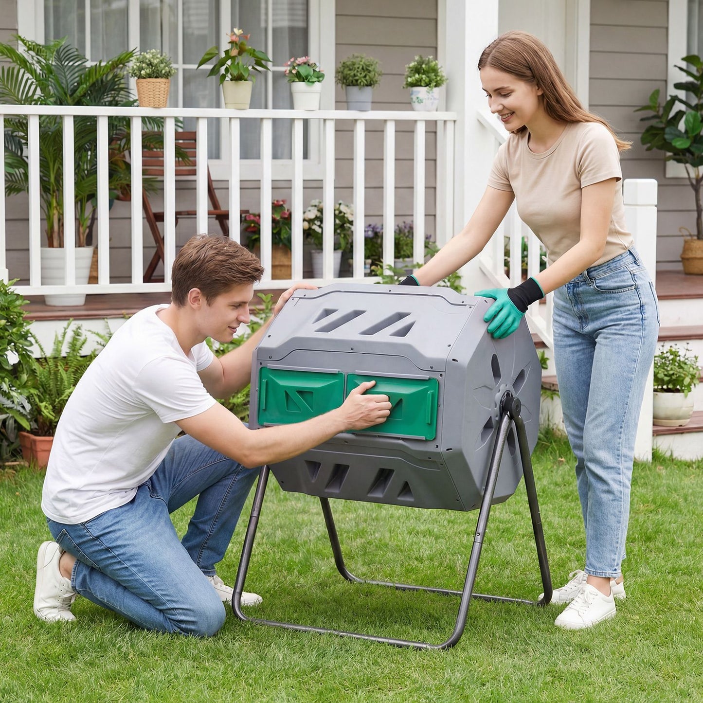 Compost Bin 160L Dual Chamber Composting Tumbler with Sliding Doors