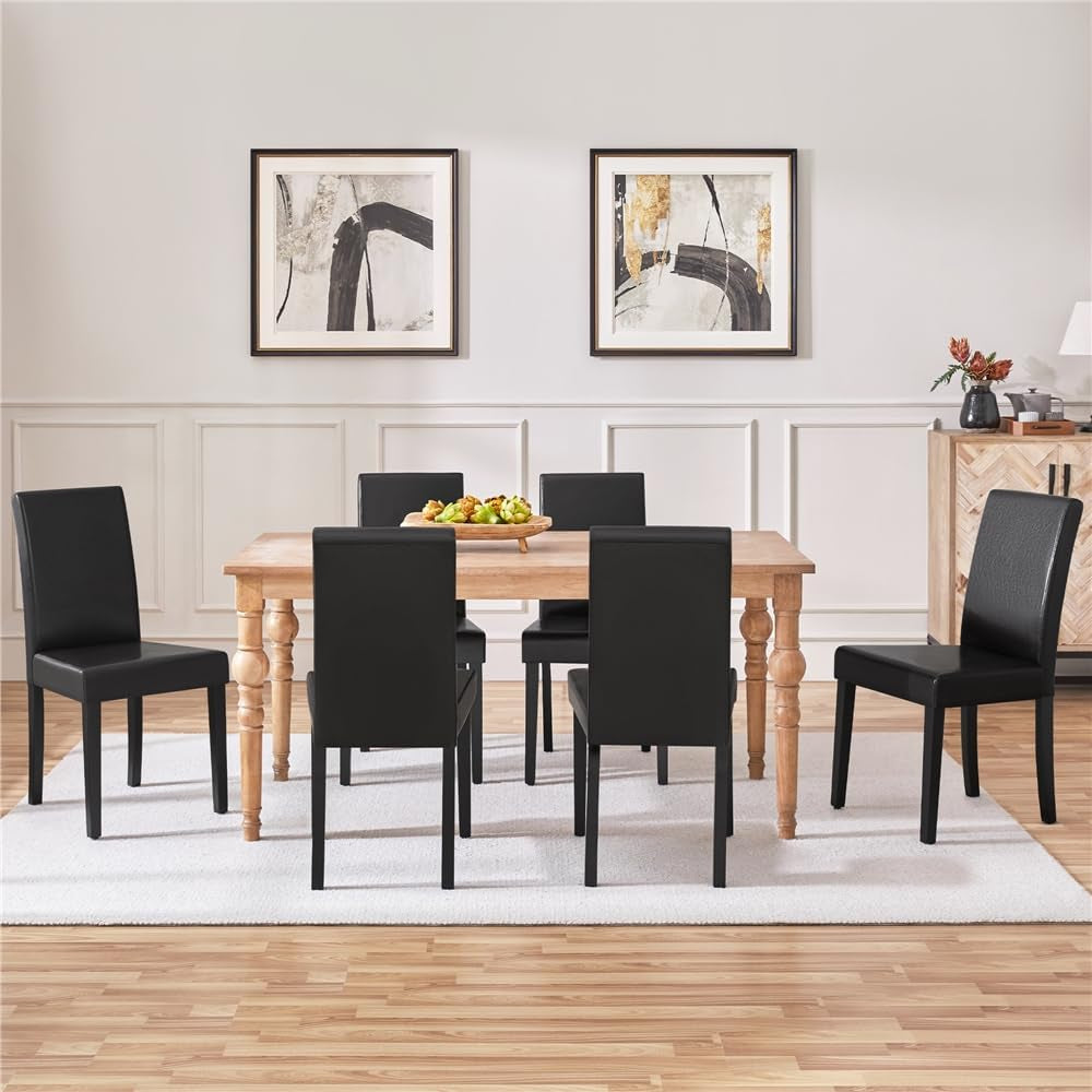Faux Leather Dining Room Chair Set of 4 with High Back, Black | Upholstered Kitchen Chairs, 10.5Cm Thick Seat Cushion Armless Side Chairs with Solid Wood Legs for Dining Room, Living Room