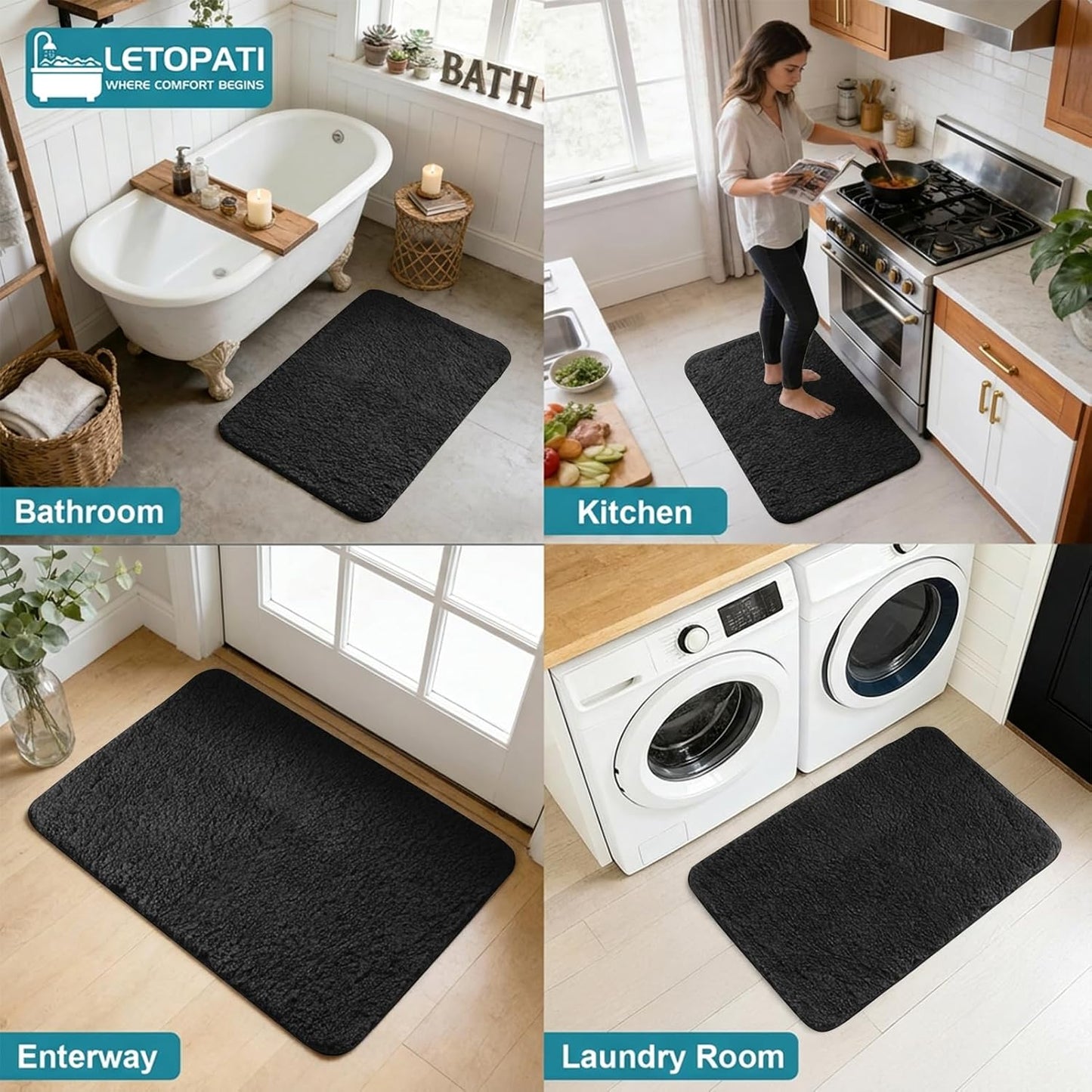 Bath Mat Sets 3 Piece, Non Slip Rubber Backing Bath Mats for Bathroom Floor, Extra Soft Microfiber Bathroom Mat and Toilet Mat, Absorbent Washable Bath Rug Sets,Black