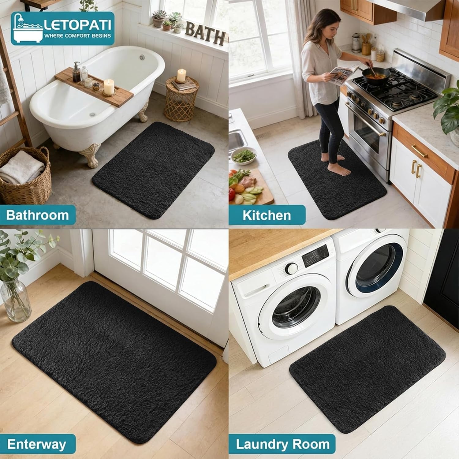 Bath Mat Sets 3 Piece, Non Slip Rubber Backing Bath Mats for Bathroom Floor, Extra Soft Microfiber Bathroom Mat and Toilet Mat, Absorbent Washable Bath Rug Sets,Black