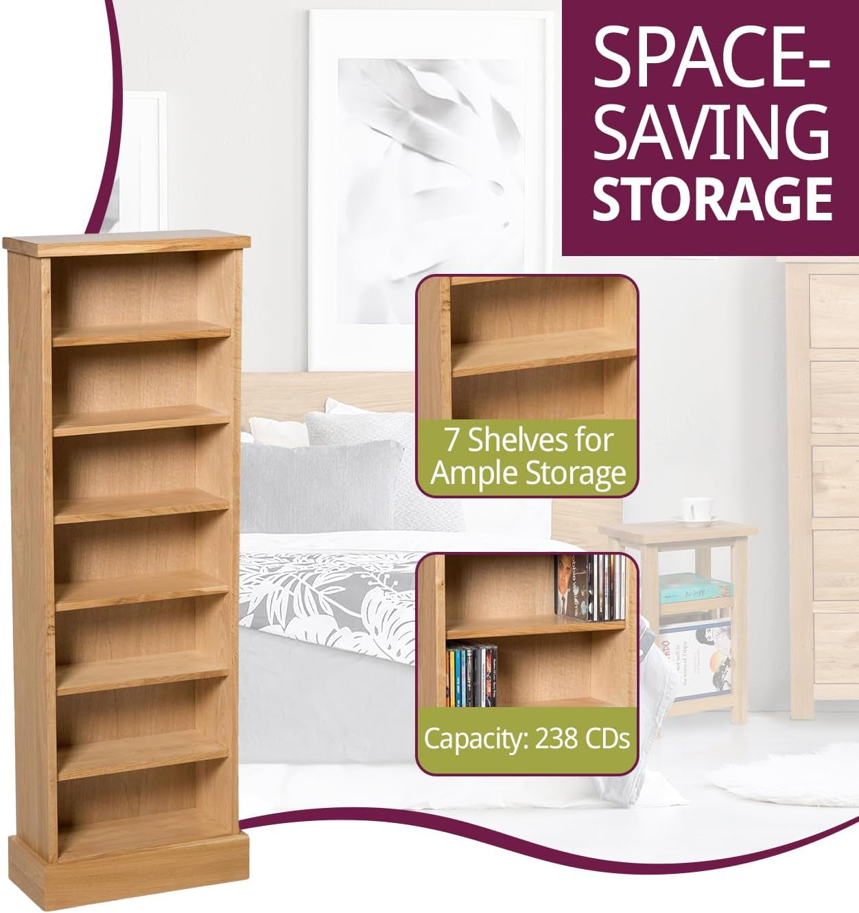 Waverly Oak Dvd Cabinet Wooden Cd Storage with 7-Tier | Solid Wooden Narrow CD Storage Tower, Media Storage Cabinet for Cds or Dvds Light Oak Furniture for Living Room or Bedroom