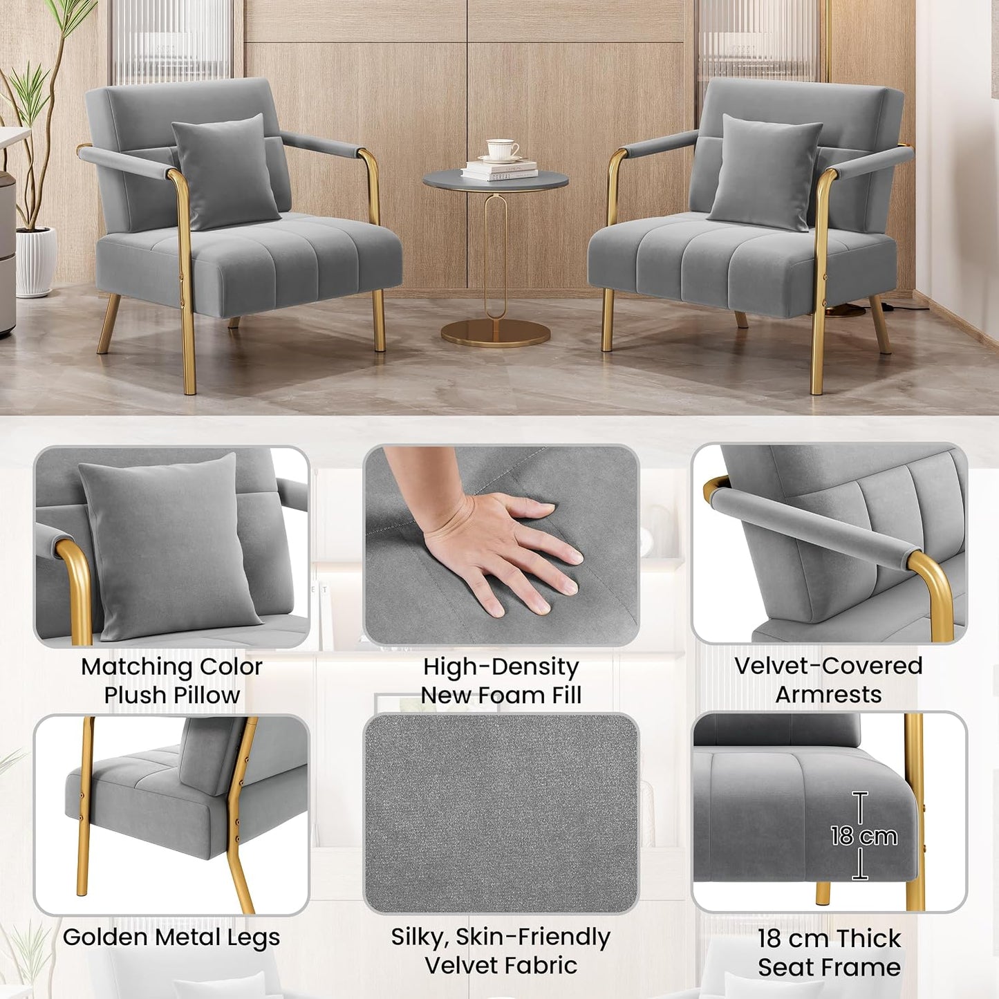 Velvet Single Sofa Chair, Gold Metal Arms Living Room Light Grey | Small Sofa Couch Gold-Tone Metal Arms and Legs Pillows for Bedroom, Home Office, Studio, Small Space