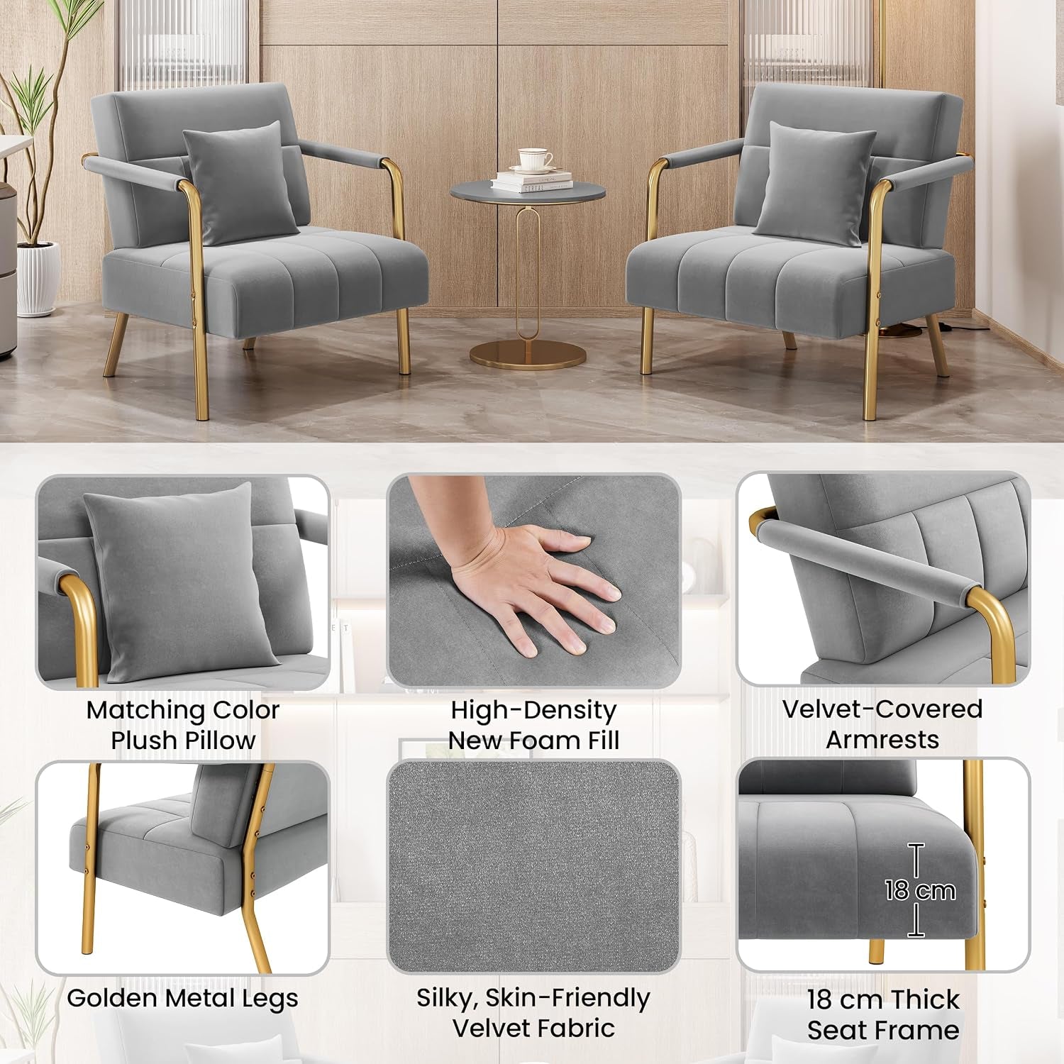 Velvet Single Sofa Chair, Gold Metal Arms Living Room Light Grey | Small Sofa Couch Gold-Tone Metal Arms and Legs Pillows for Bedroom, Home Office, Studio, Small Space