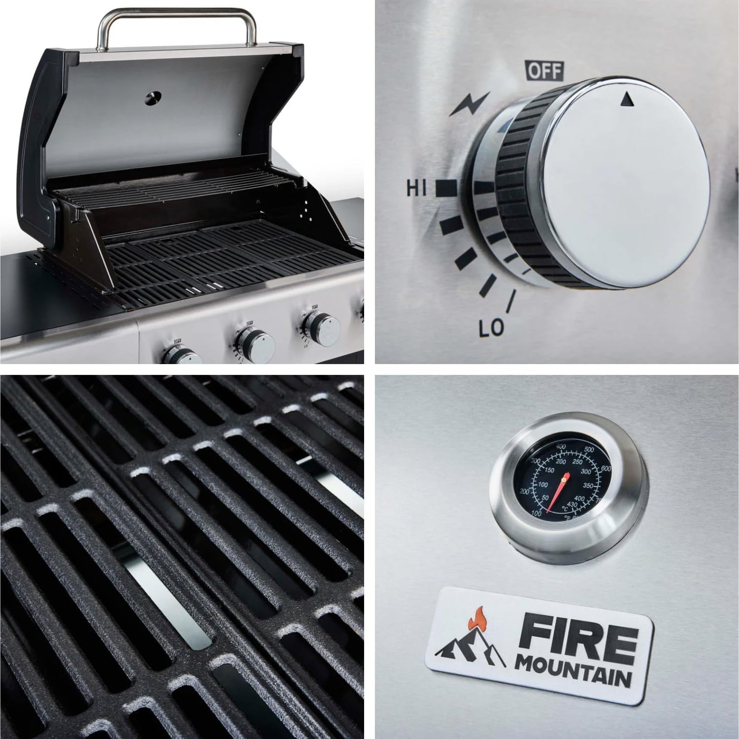 Sierra 4 Burner Gas BBQ Stainless Steel with Cast Iron Grill and Side Shelves Large Outdoor Barbecue for Garden Family Sized 60 X 42Cm Cooking Area