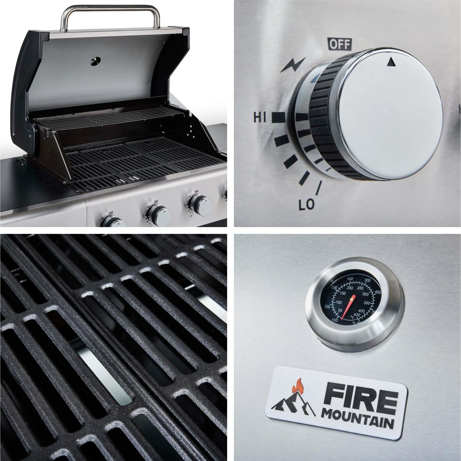 Sierra 4 Burner Gas BBQ Stainless Steel with Cast Iron Grill and Side Shelves Large Outdoor Barbecue for Garden Family Sized 60 X 42Cm Cooking Area
