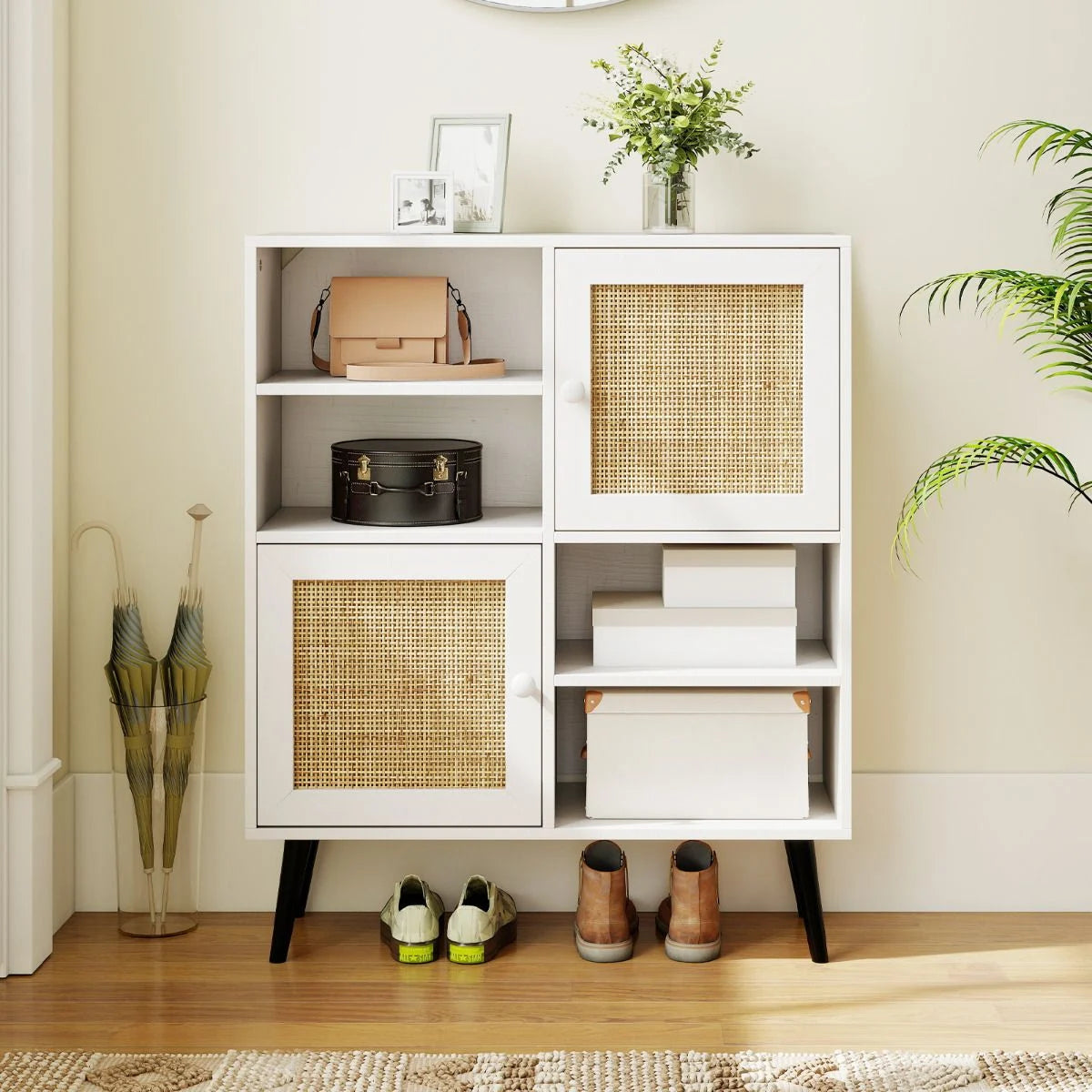 Rattan Sideboard Buffet Cabinet with 4 Cubbies and 2 Rattan-Decorated Doors