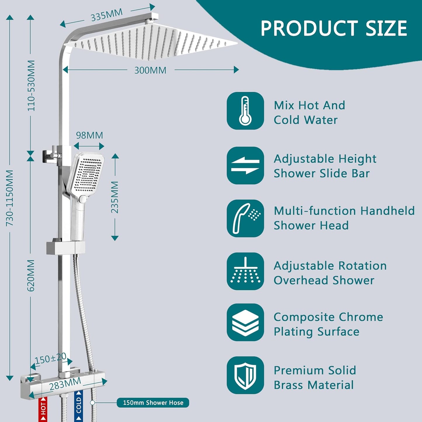 Simple Bathroom Thermostatic Shower Mixer Set with 12" Square Rainfall Shower Head(304 Stainless Steel), 3 Modes Handheld Shower, Anti-Leak Hose, Anti-Scald, Easy Install(Chrome)