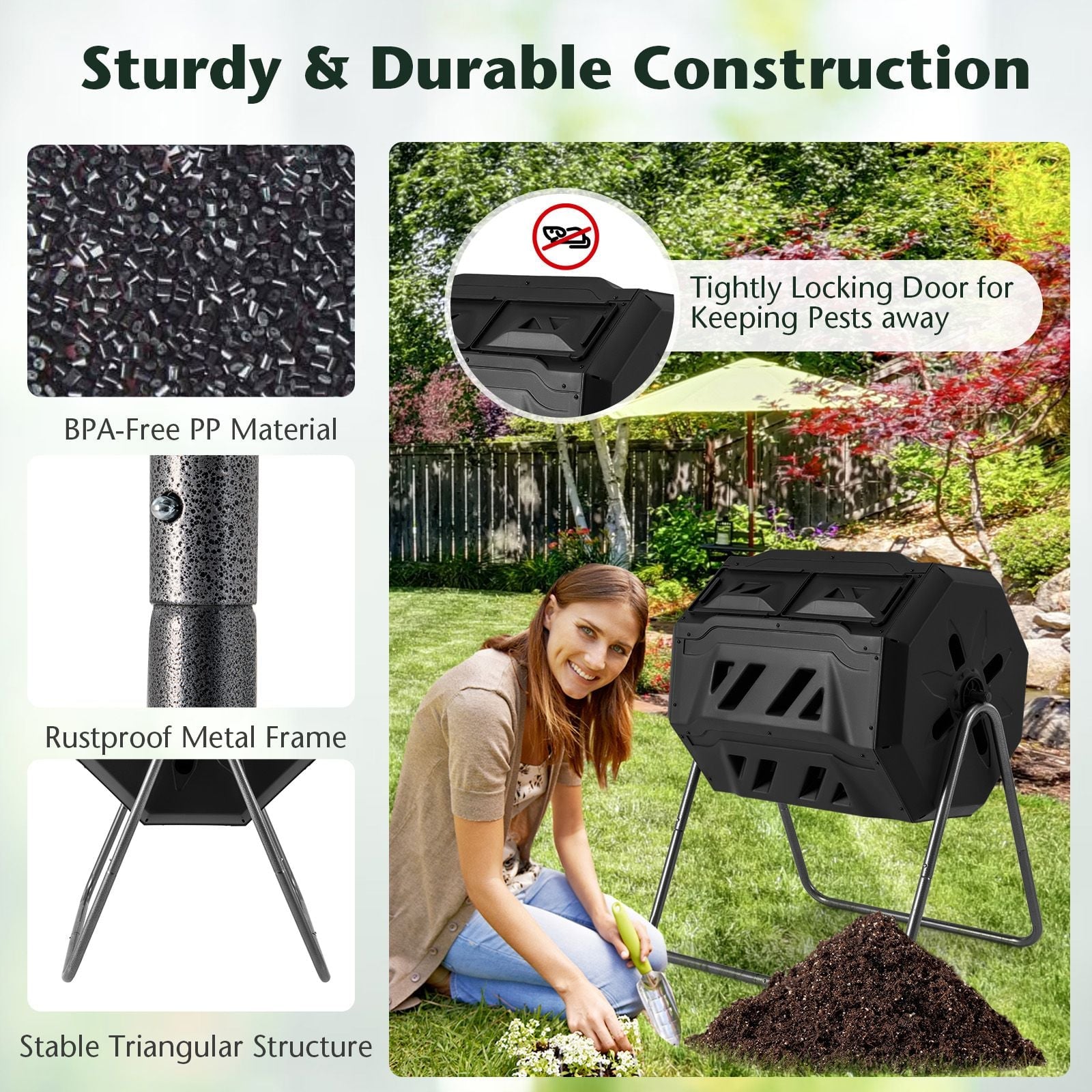 Compost Bin 160L Dual Chamber Composting Tumbler with Sliding Doors