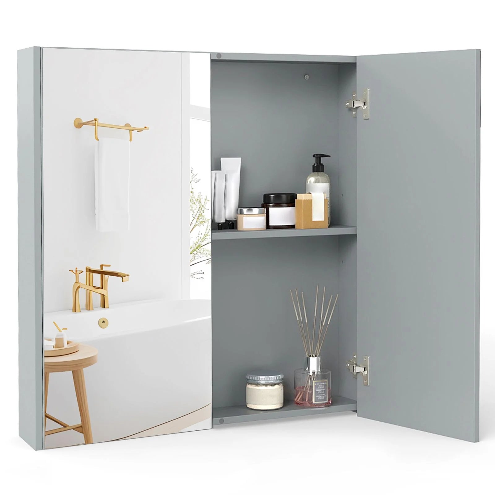 Sleek Medicine Cabinet with Double Mirrored Doors - Space-Saving Storage Solution for Your Bathroom