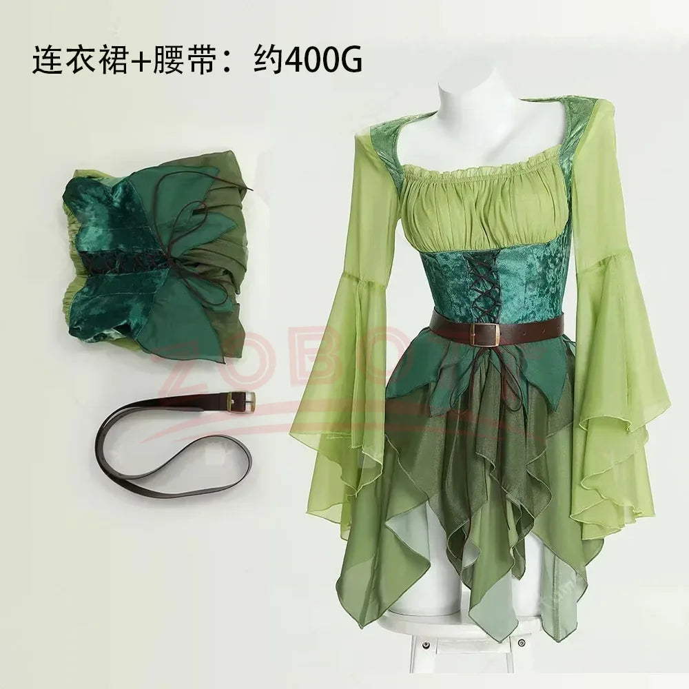 Women'S Elf Medieval Green Fairy Dress Magical Elf Dress and Belt with Wings Halloween Cosplay Costumes Elf Role-Playing Costume