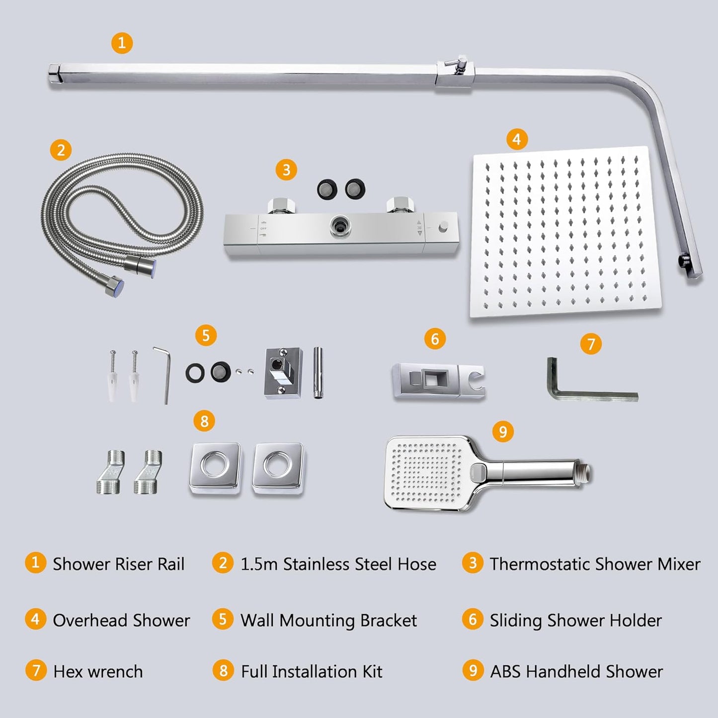 Simple Bathroom Thermostatic Shower Mixer Set with 12" Square Rainfall Shower Head(304 Stainless Steel), 3 Modes Handheld Shower, Anti-Leak Hose, Anti-Scald, Easy Install(Chrome)