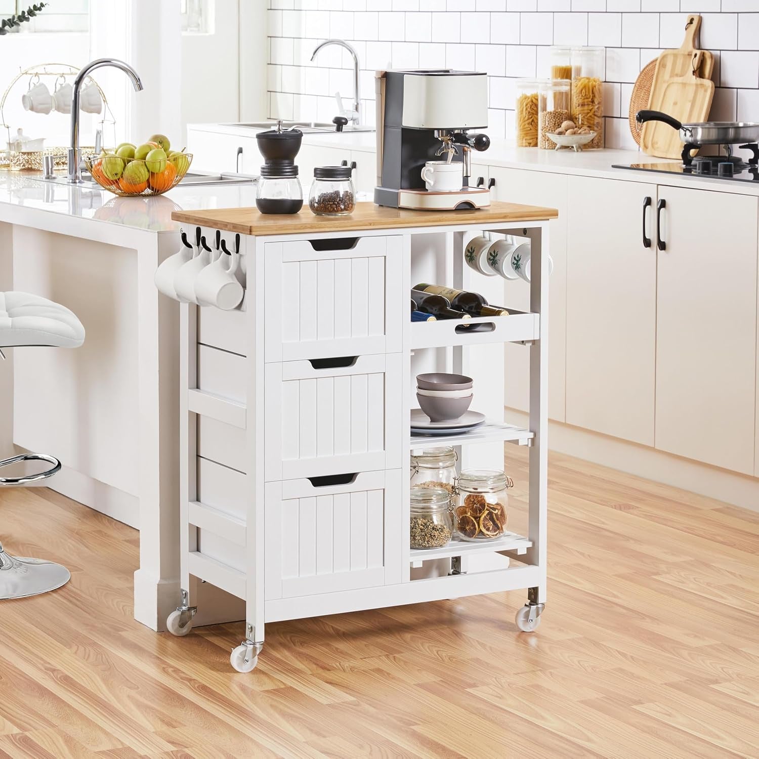 Kitchen Storage Trolley on Wheels, Rolling Kitchen Island Cart with 3 Drawers and 3 Shelves, Mobile Storage Sevring Trolley Cart for Dining Room, Bathroom, Laundry, Living Room, White