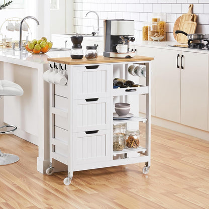 Kitchen Storage Trolley on Wheels, Rolling Kitchen Island Cart with 3 Drawers and 3 Shelves, Mobile Storage Sevring Trolley Cart for Dining Room, Bathroom, Laundry, Living Room, White