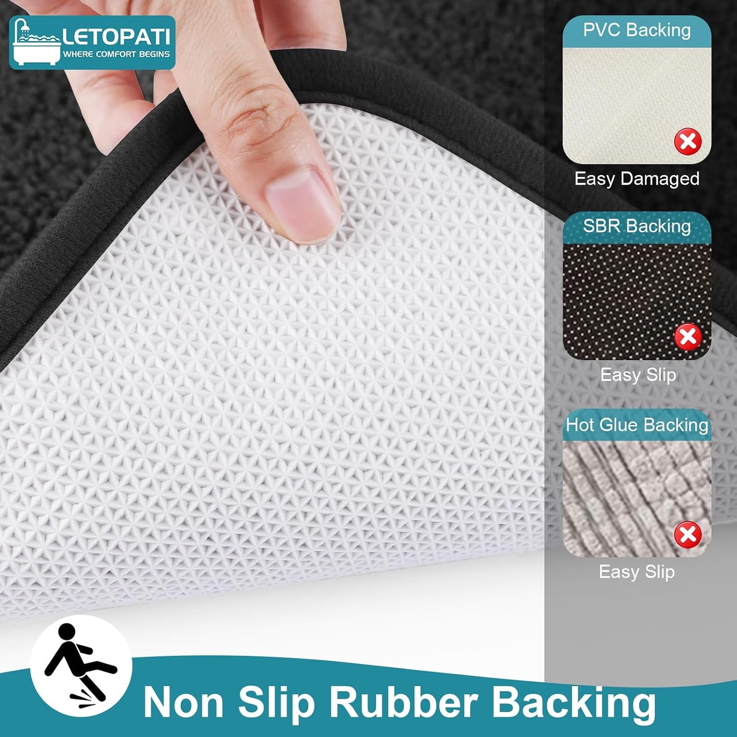 Bath Mat Sets 3 Piece, Non Slip Rubber Backing Bath Mats for Bathroom Floor, Extra Soft Microfiber Bathroom Mat and Toilet Mat, Absorbent Washable Bath Rug Sets,Black
