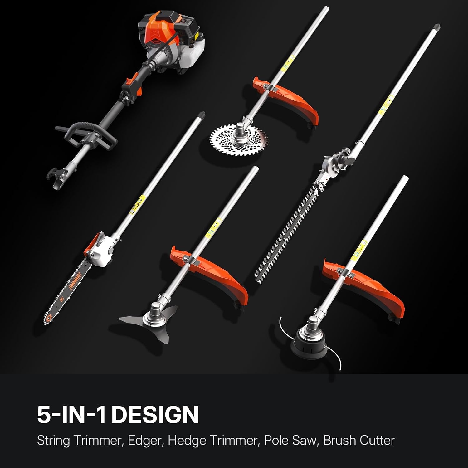 5-In-1 Petrol Garden Multi-Tool, 52Cc 2-Stroke Gas Grass Trimmer 18", Hedge Trimmer, Chainsaw & Extension Pole – Easy Start System, Quick Attachment Change, Adjustable Harness Included