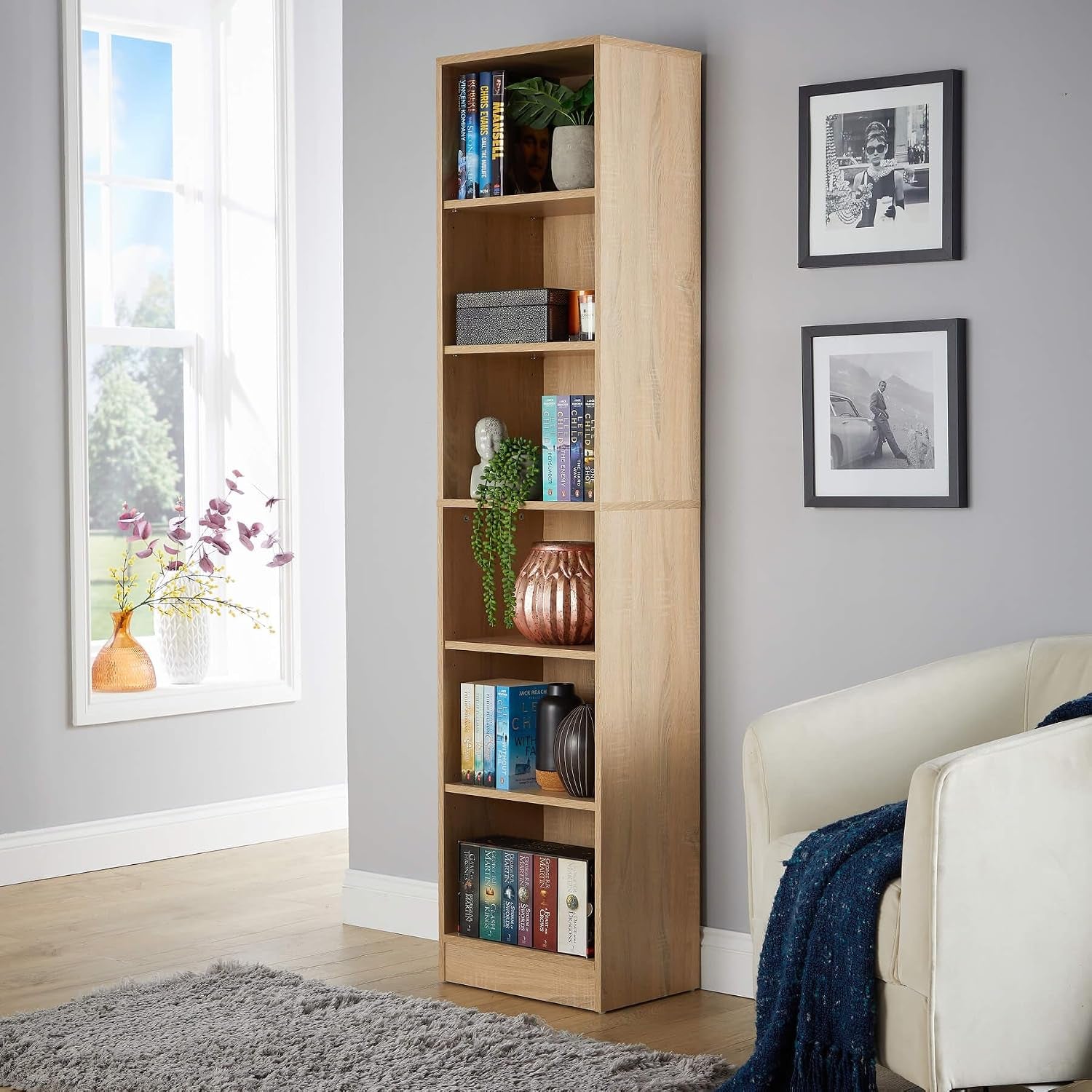 Tall Bookcase, Narrow Open Adjustable Shelves, Display Storage Cabinet, 6 Tier, Oak Effect
