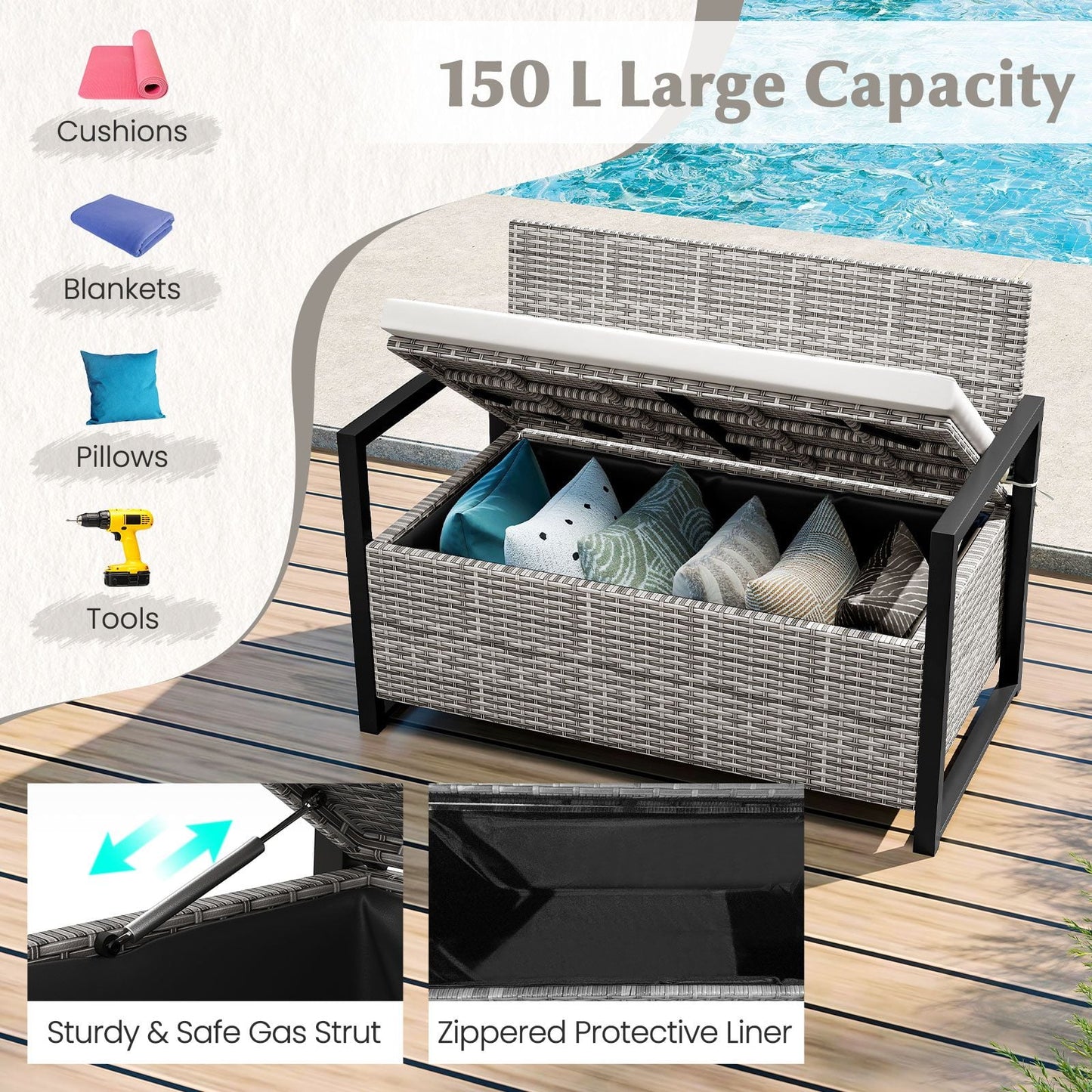 150L Outdoor Storage Bench with Padded Cushion
