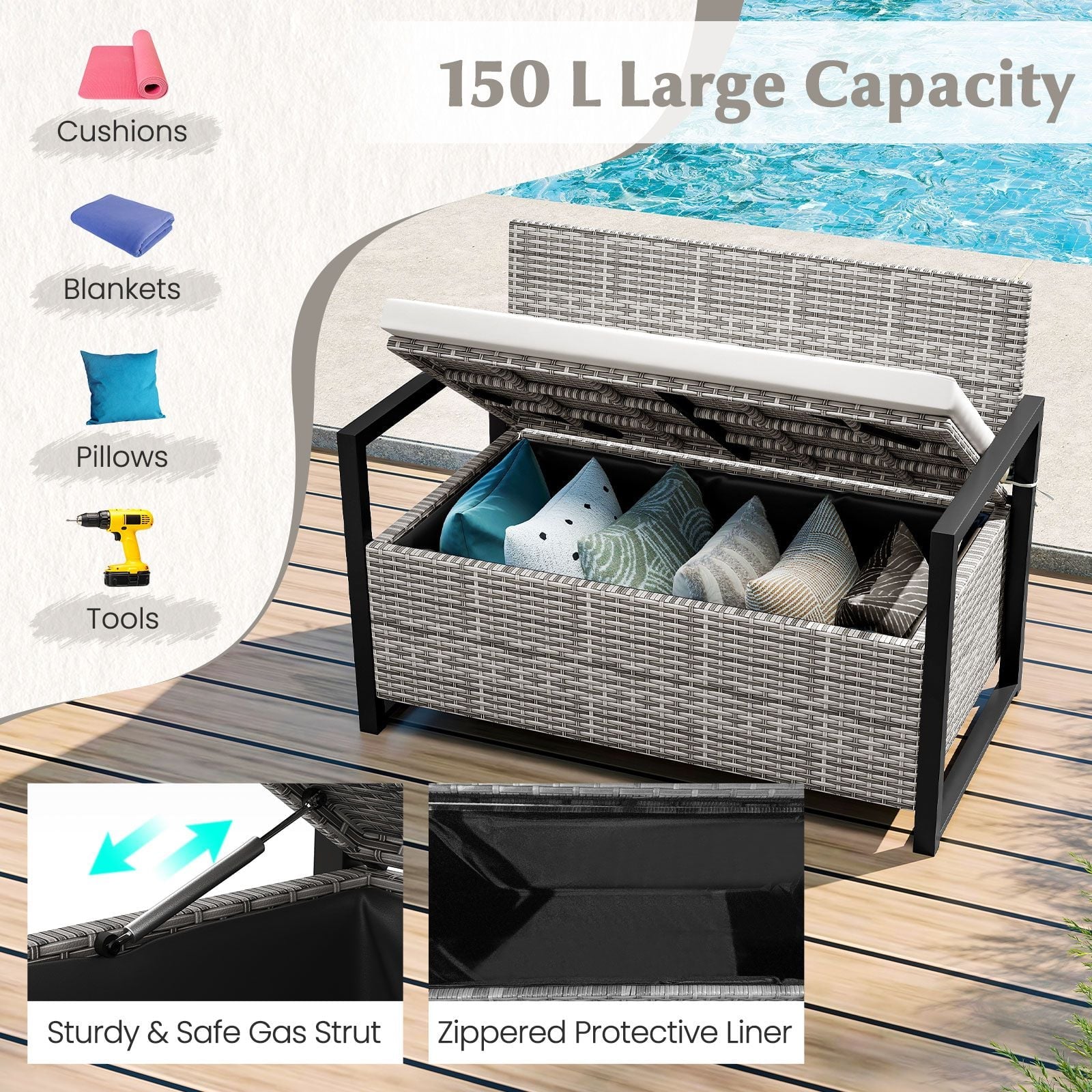 150L Outdoor Storage Bench with Padded Cushion