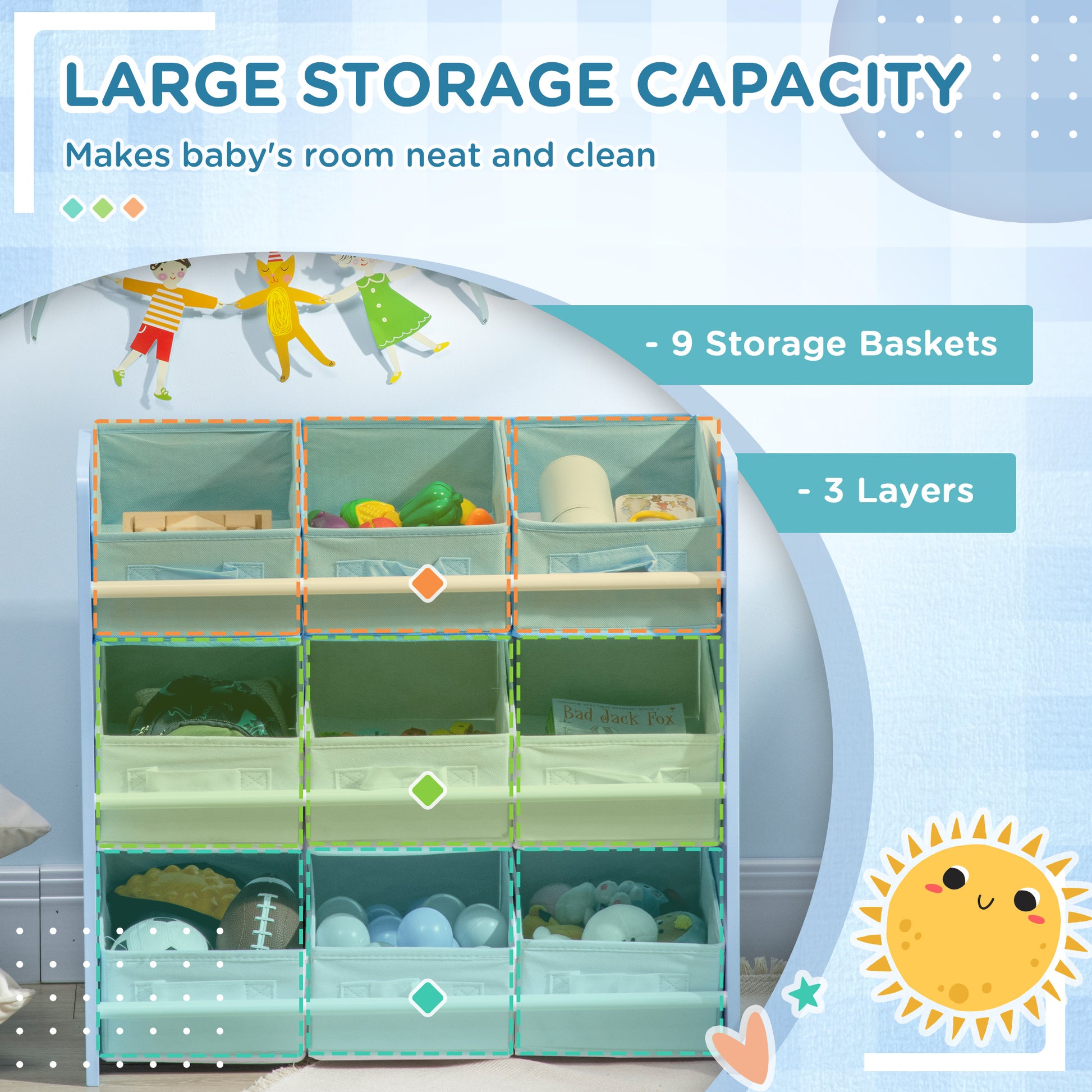 Kids Storage Unit W/ Nine Removable Baskets, for Nursery, Playroom