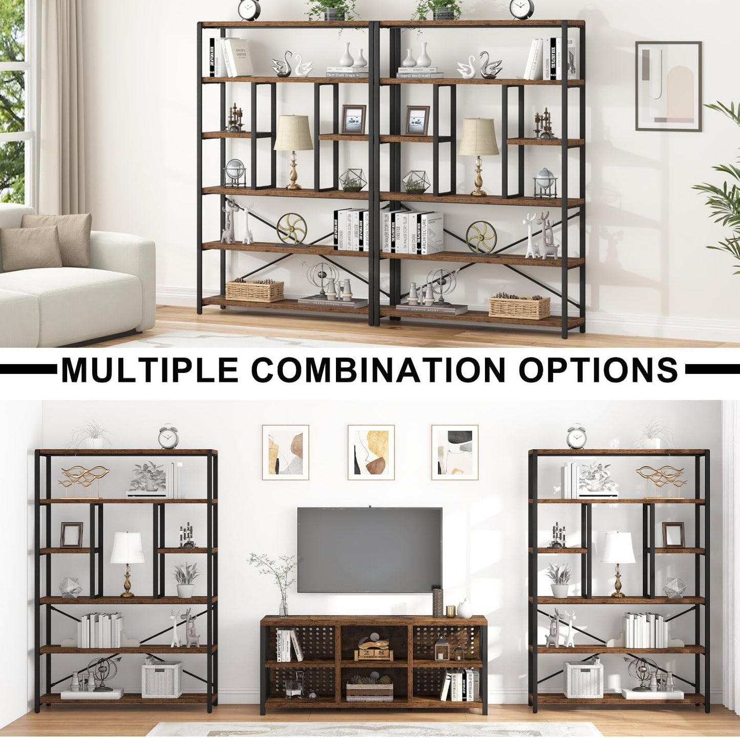 Rustic Bookcase and Bookshelf, Metal Wood 6 Tier Book Shelf, Industrial Vertical Display Etagere Book Case 6 Shelf, Vintage Large Book Shelves for Bedroom Living Room, Brown, 180 CM