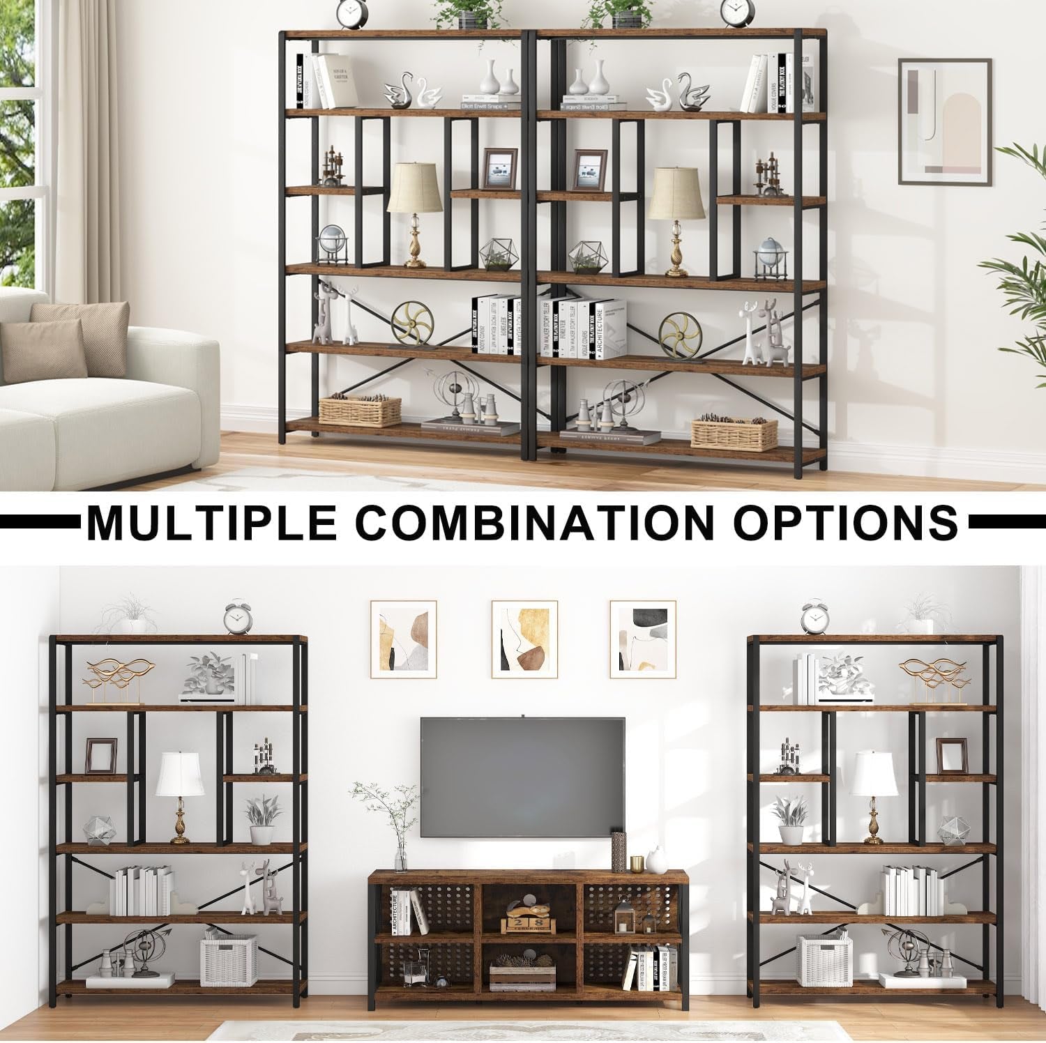 Rustic Bookcase and Bookshelf, Metal Wood 6 Tier Book Shelf, Industrial Vertical Display Etagere Book Case 6 Shelf, Vintage Large Book Shelves for Bedroom Living Room, Brown, 180 CM