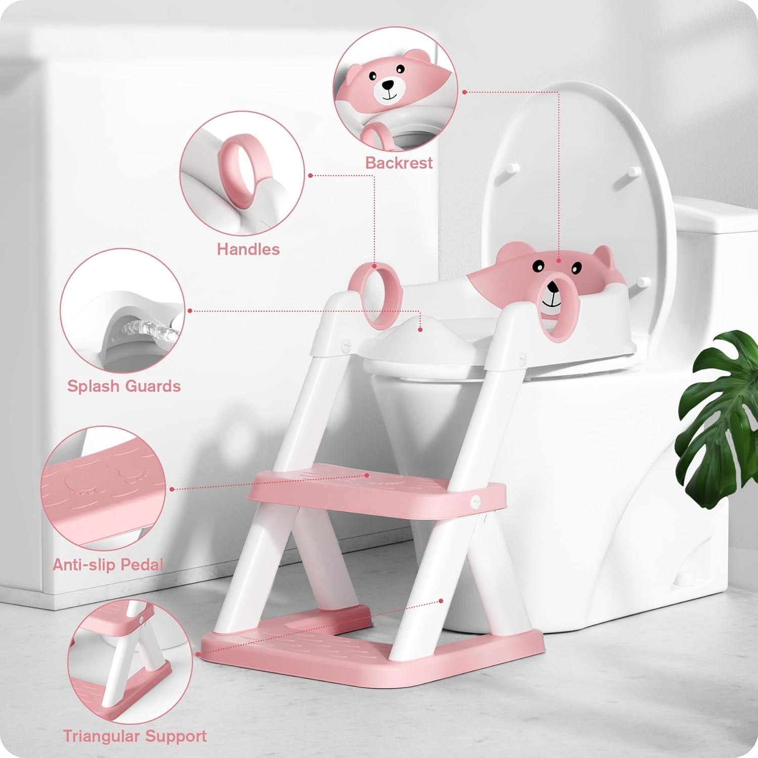 Bear Potty Training Seat, Upgrade 2 in 1 Toddler Toilet Seat,Splash Guard Anti-Slip Pad Step Stool,Pink