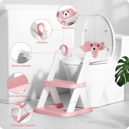 Bear Potty Training Seat, Upgrade 2 in 1 Toddler Toilet Seat,Splash Guard Anti-Slip Pad Step Stool,Pink