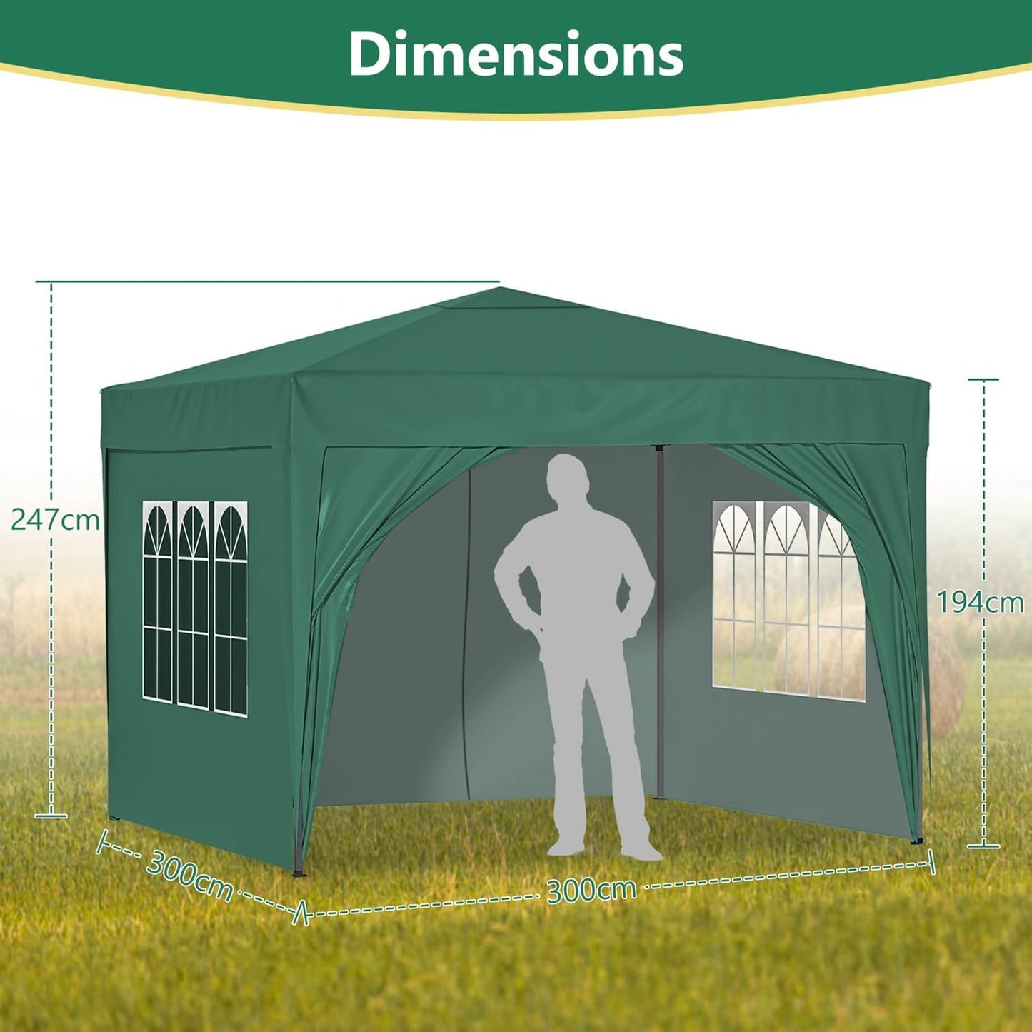Pop up Gazebo with Sides, 3M X 3M Waterproof with 2 Free Weather Support Beams 4 Gazebo Weight Bags. Garden Canopy Outdoor, Party Tent, 260G Polyester Powder Coated Steel Frame. GREEN