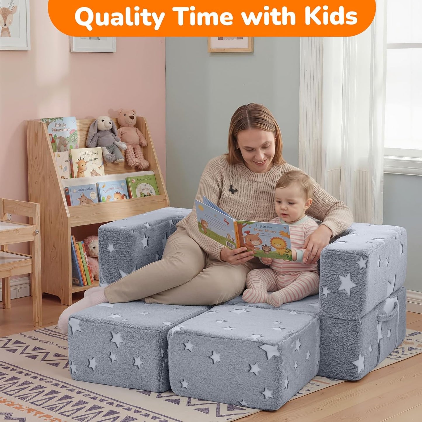 Kids Sofa Bed, Modular Toddler Couch, Glow in the Dark Stars Kids Chair Lounger Fold Out, Baby Mini Couch Bedroom Furniture for Playroom, Grey Star